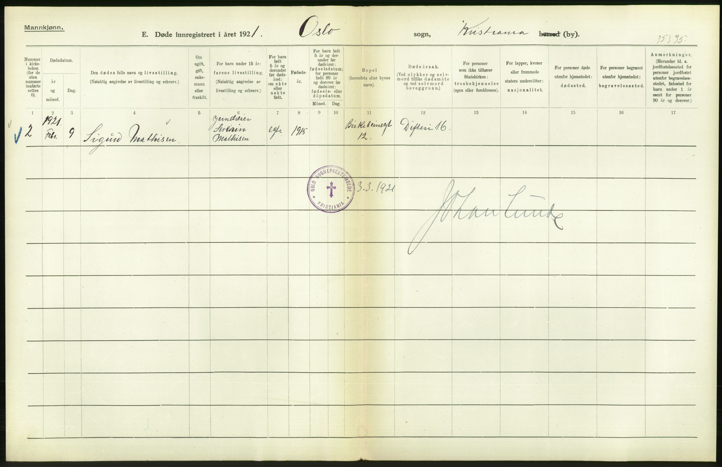 Statistisk sentralbyrå, Sosiodemografiske emner, Befolkning, AV/RA-S-2228/D/Df/Dfc/Dfca/L0013: Kristiania: Døde, dødfødte, 1921, p. 298