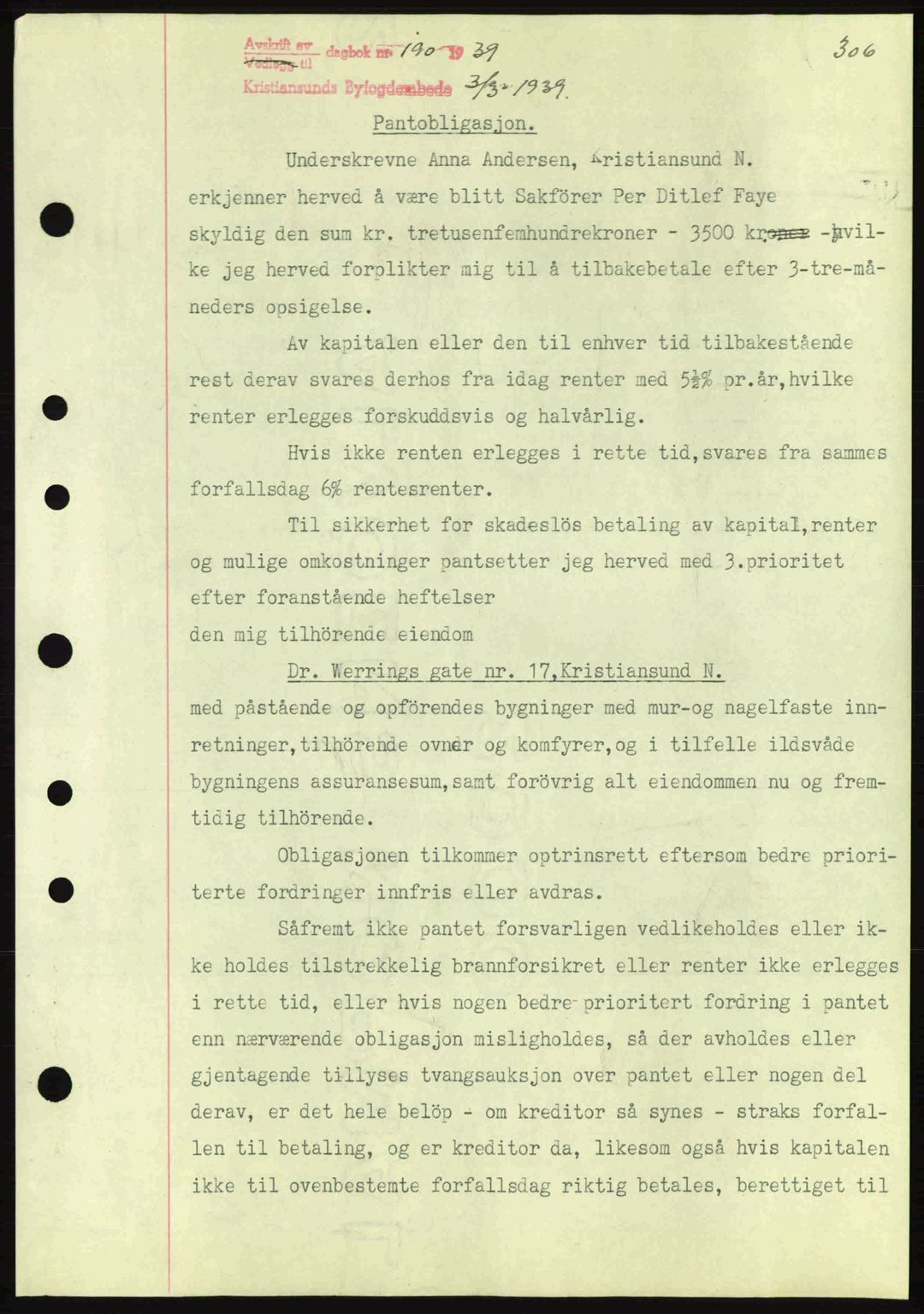 Kristiansund byfogd, AV/SAT-A-4587/A/27: Mortgage book no. 31, 1938-1939, Diary no: : 190/1939