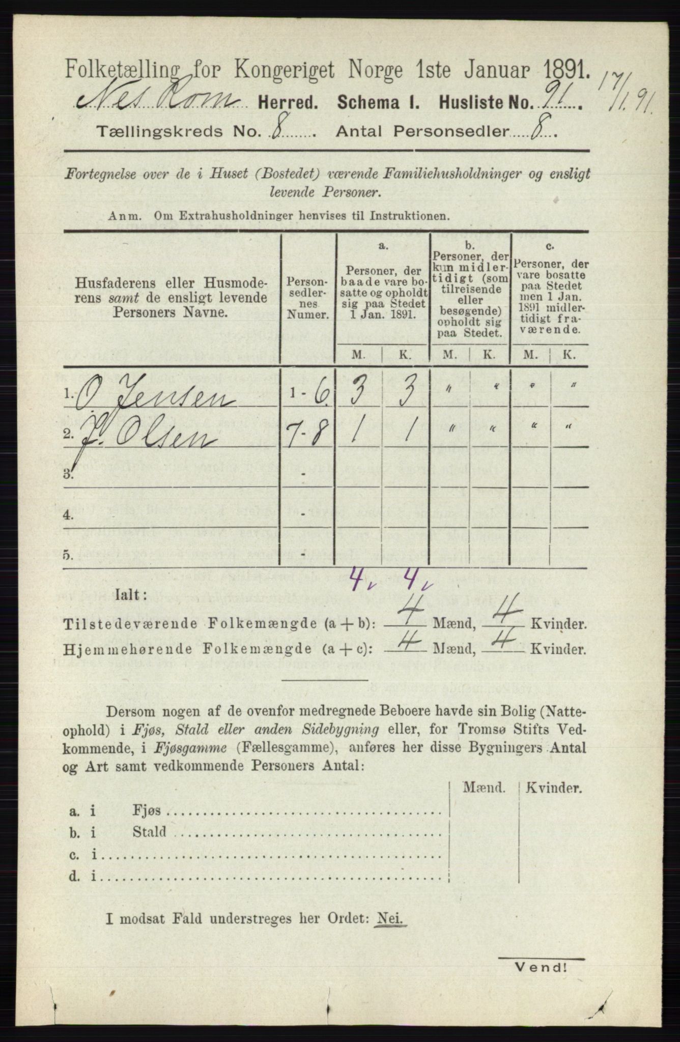 RA, 1891 census for 0236 Nes, 1891, p. 4571