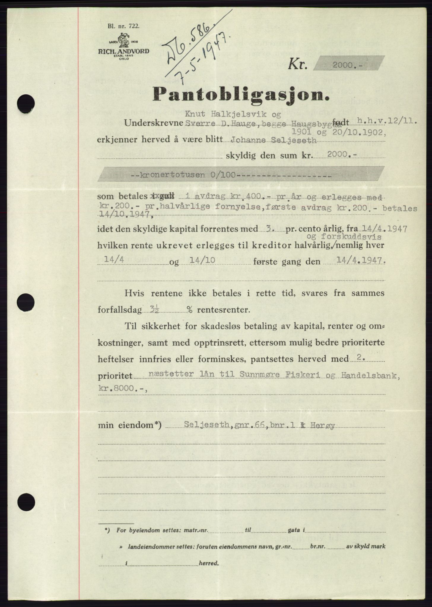 Søre Sunnmøre sorenskriveri, AV/SAT-A-4122/1/2/2C/L0114: Mortgage book no. 1-2B, 1943-1947, Diary no: : 586/1947