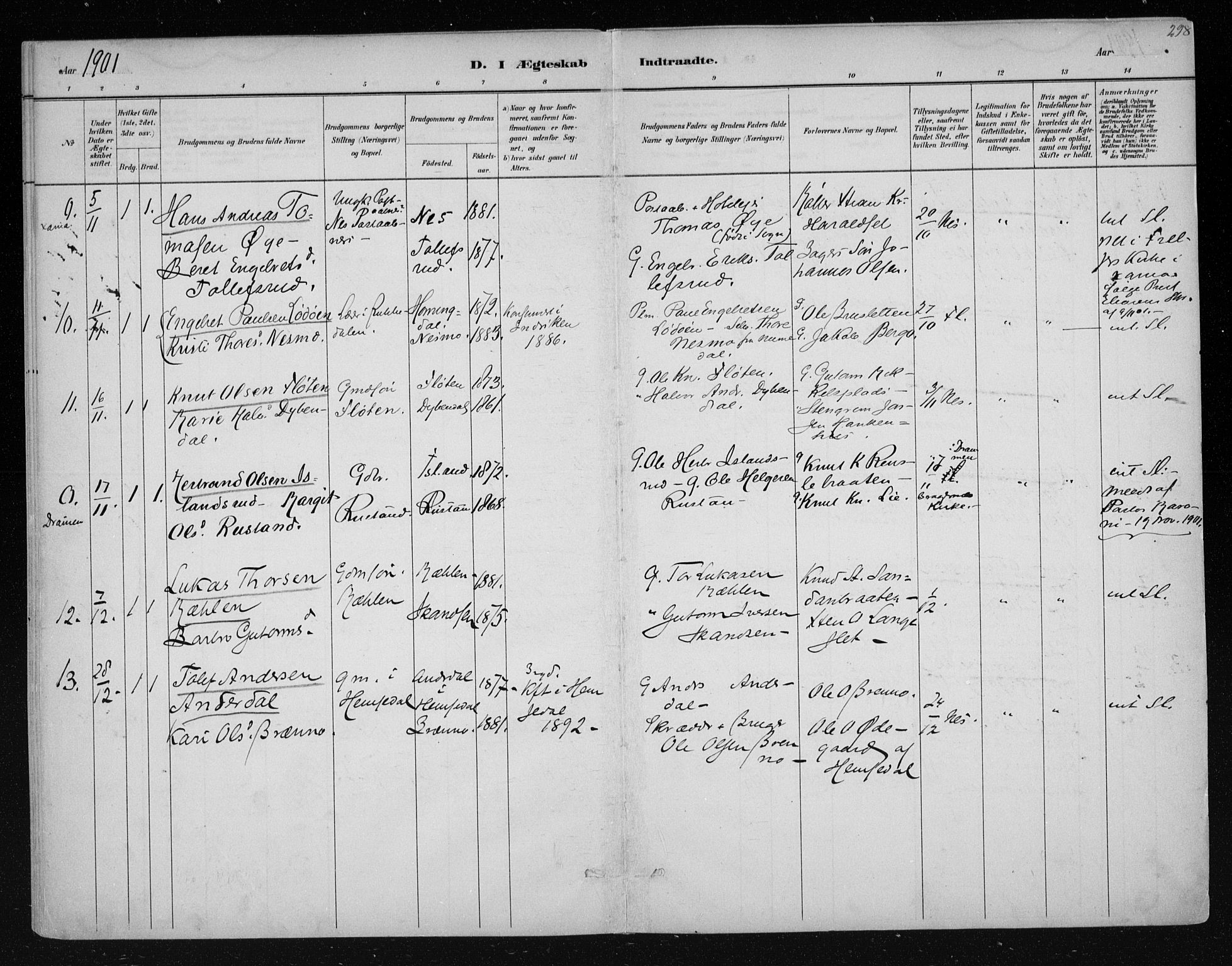 Nes kirkebøker, AV/SAKO-A-236/F/Fa/L0011: Parish register (official) no. 11, 1881-1912, p. 298