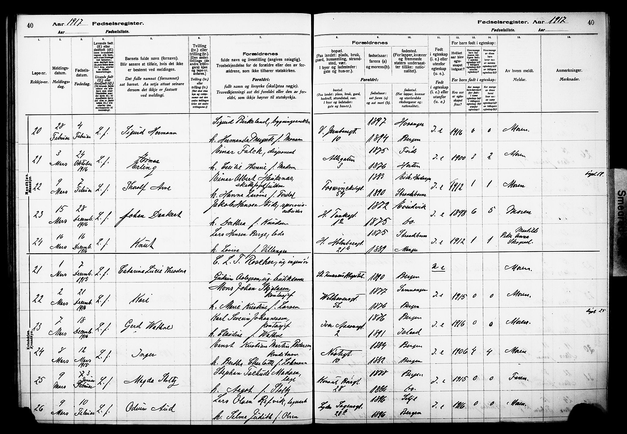 Johanneskirken sokneprestembete, AV/SAB-A-76001/I/Id/L00A1: Birth register no. A 1, 1916-1924, p. 40