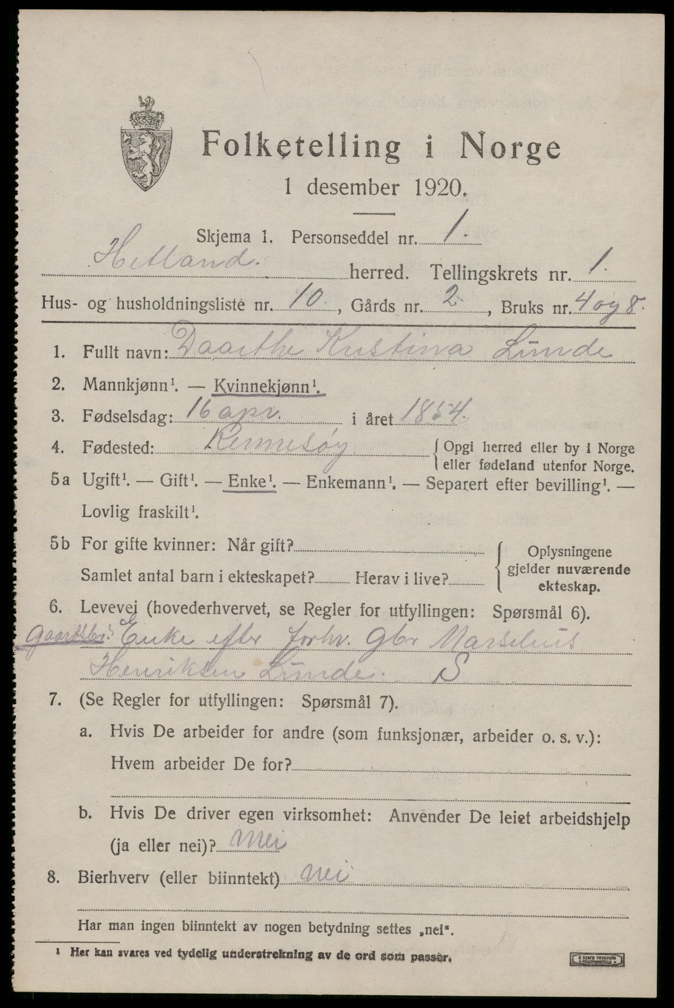 SAST, 1920 census for Hetland, 1920, p. 3663