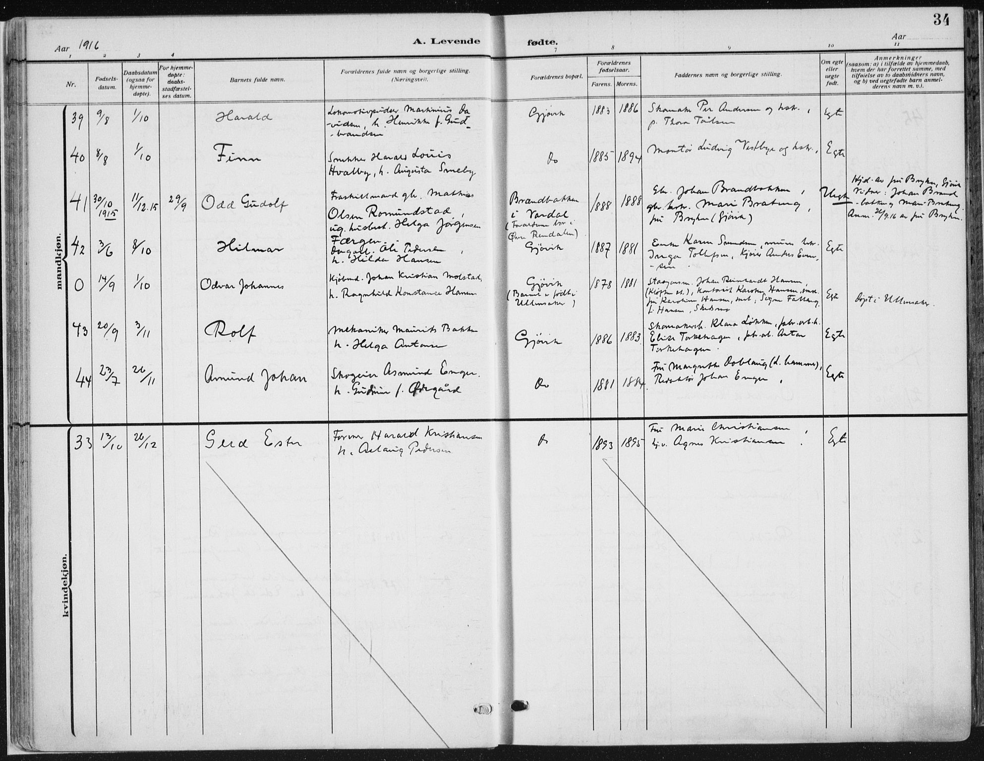 Vardal prestekontor, AV/SAH-PREST-100/H/Ha/Haa/L0014: Parish register (official) no. 14, 1912-1922, p. 34