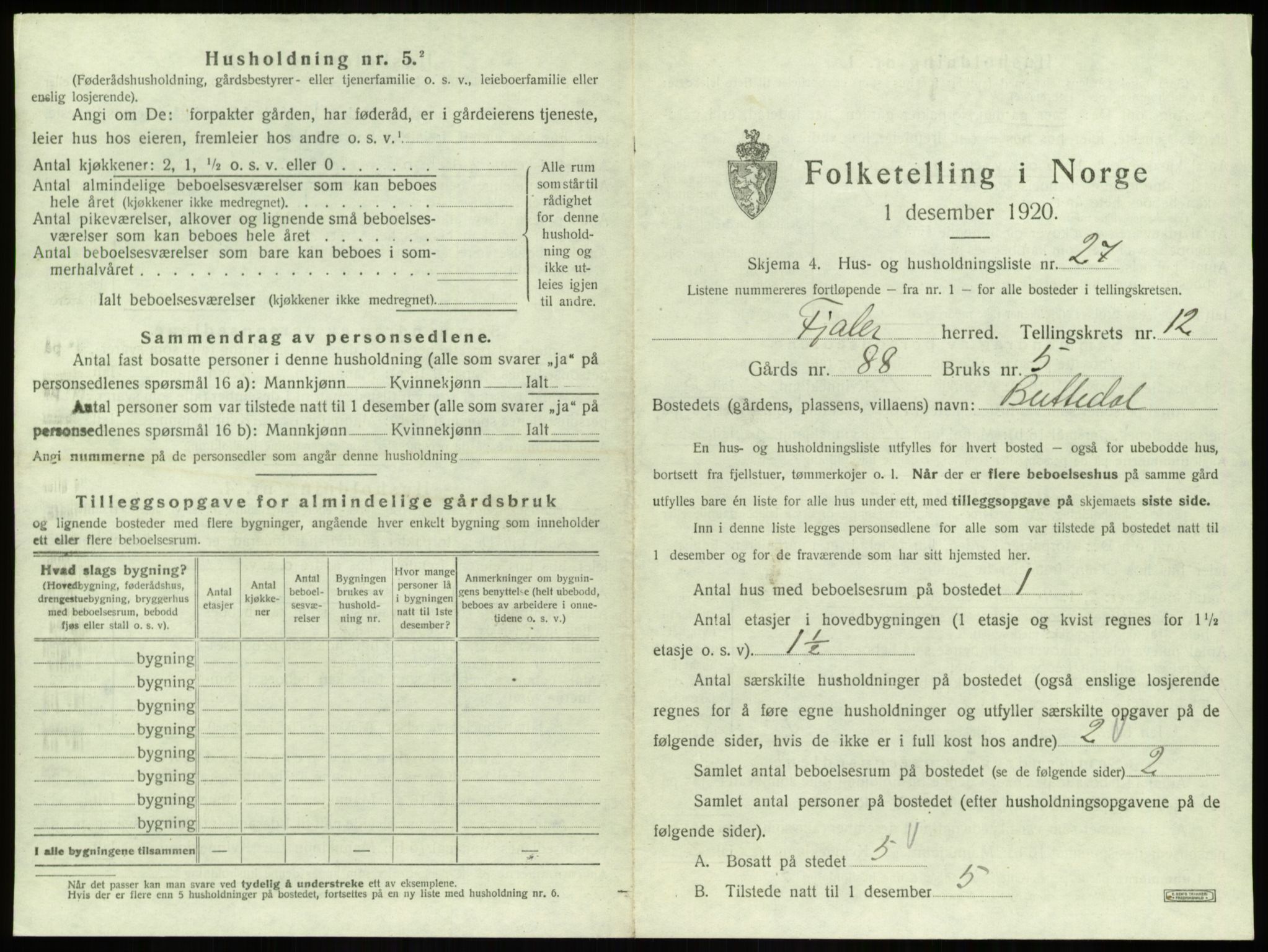 SAB, 1920 census for Fjaler, 1920, p. 1057