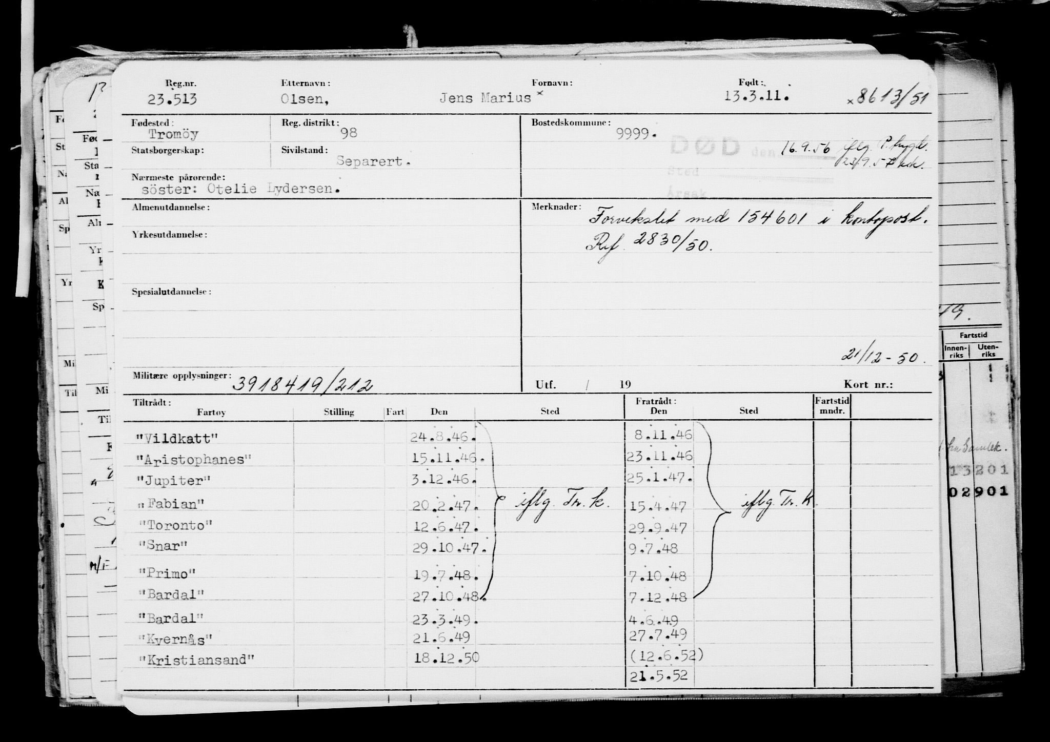 Direktoratet for sjømenn, AV/RA-S-3545/G/Gb/L0094: Hovedkort, 1911, p. 595