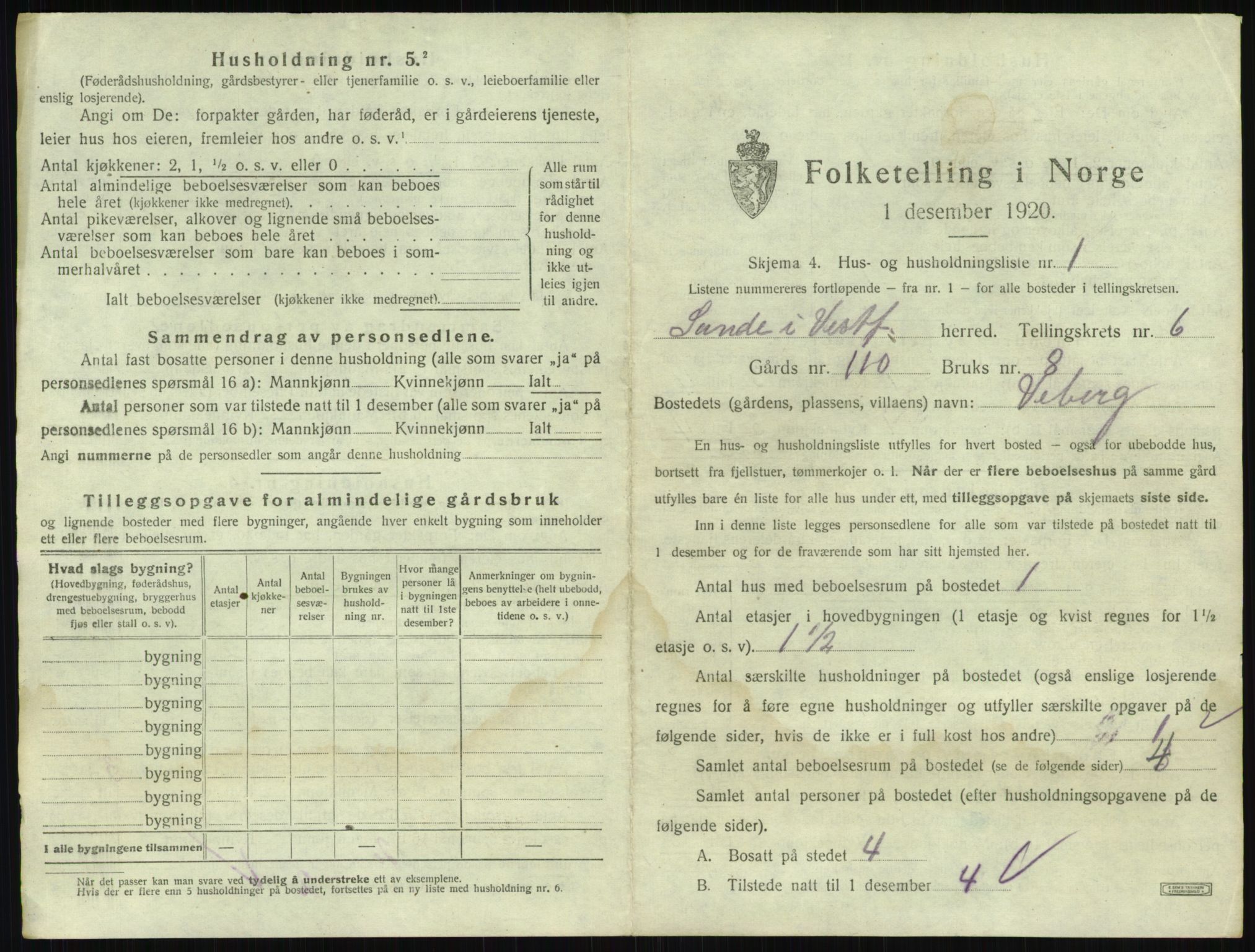 SAKO, 1920 census for Sande, 1920, p. 1058