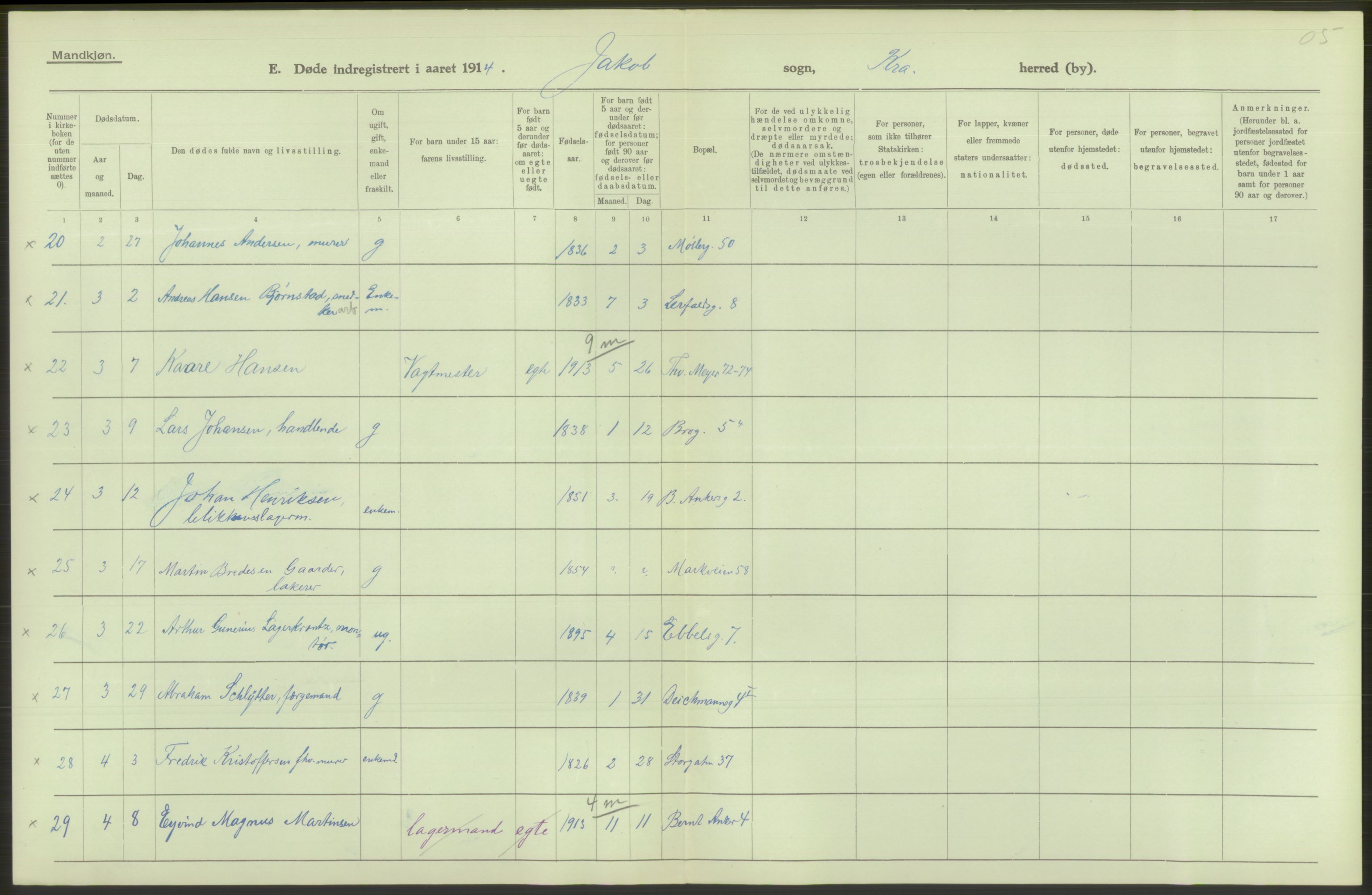 Statistisk sentralbyrå, Sosiodemografiske emner, Befolkning, AV/RA-S-2228/D/Df/Dfb/Dfbd/L0008: Kristiania: Døde, 1914, p. 560