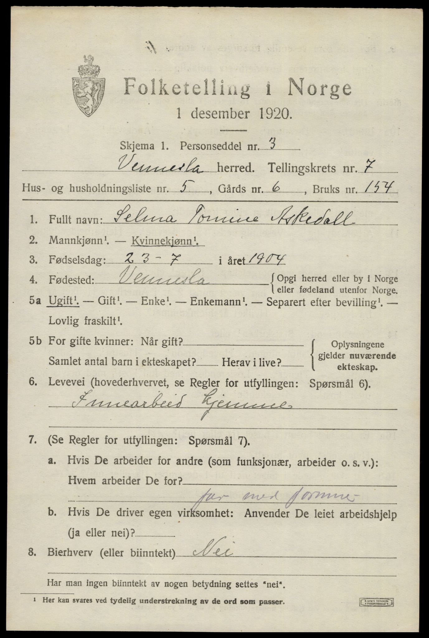 SAK, 1920 census for Vennesla, 1920, p. 4800