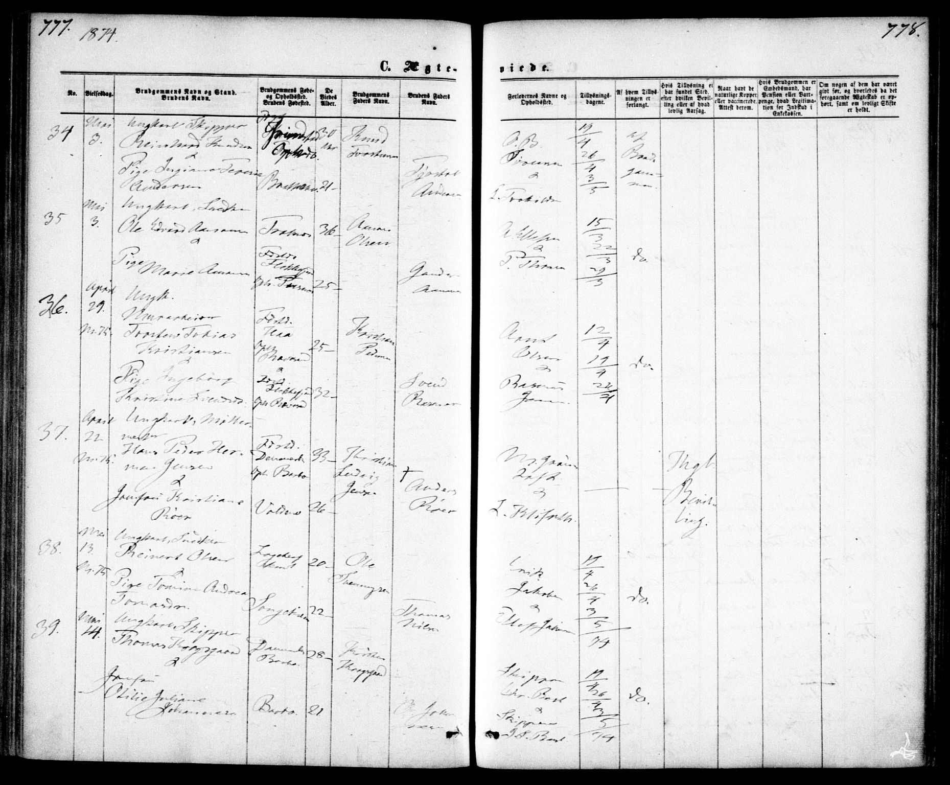 Tromøy sokneprestkontor, AV/SAK-1111-0041/F/Fa/L0008: Parish register (official) no. A 8, 1870-1877, p. 777-778