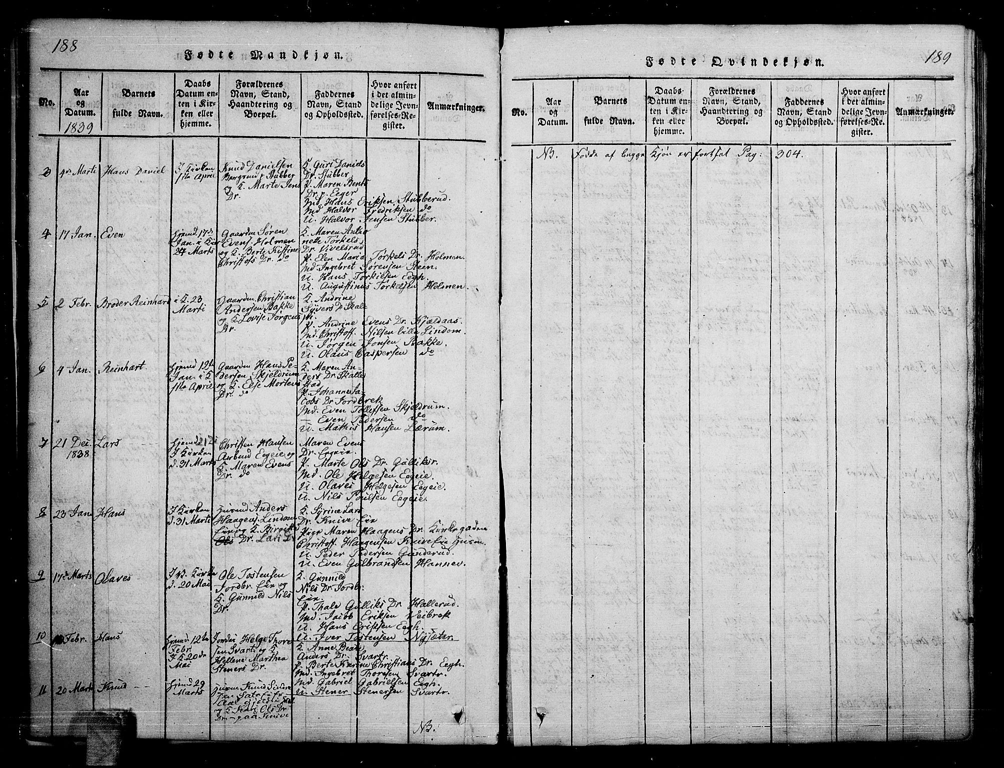 Skoger kirkebøker, AV/SAKO-A-59/G/Ga/L0001: Parish register (copy) no. I 1, 1814-1845, p. 188-189