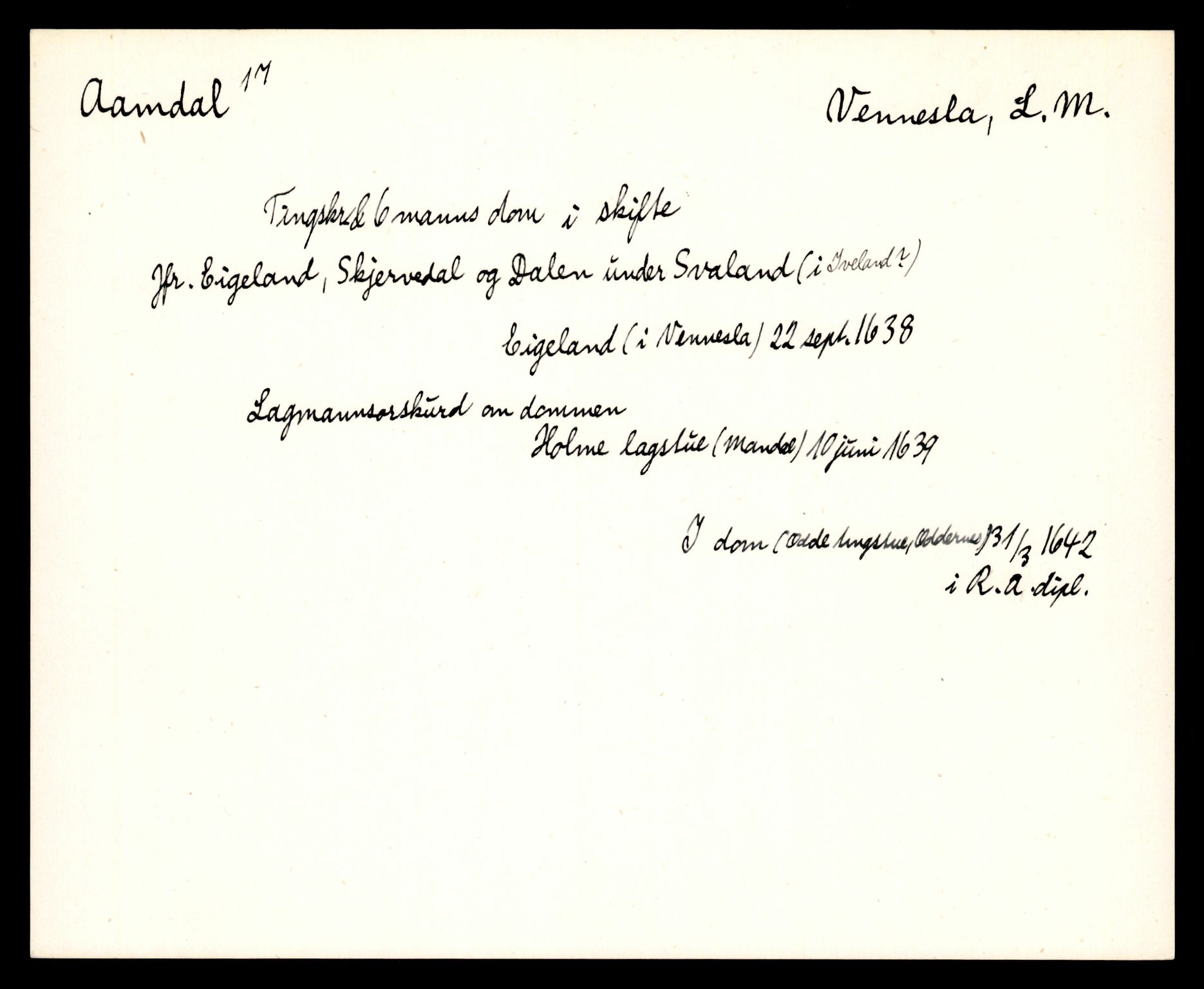 Riksarkivets diplomsamling, AV/RA-EA-5965/F35/F35e/L0025: Registreringssedler Vest-Agder 1, 1400-1700, p. 95