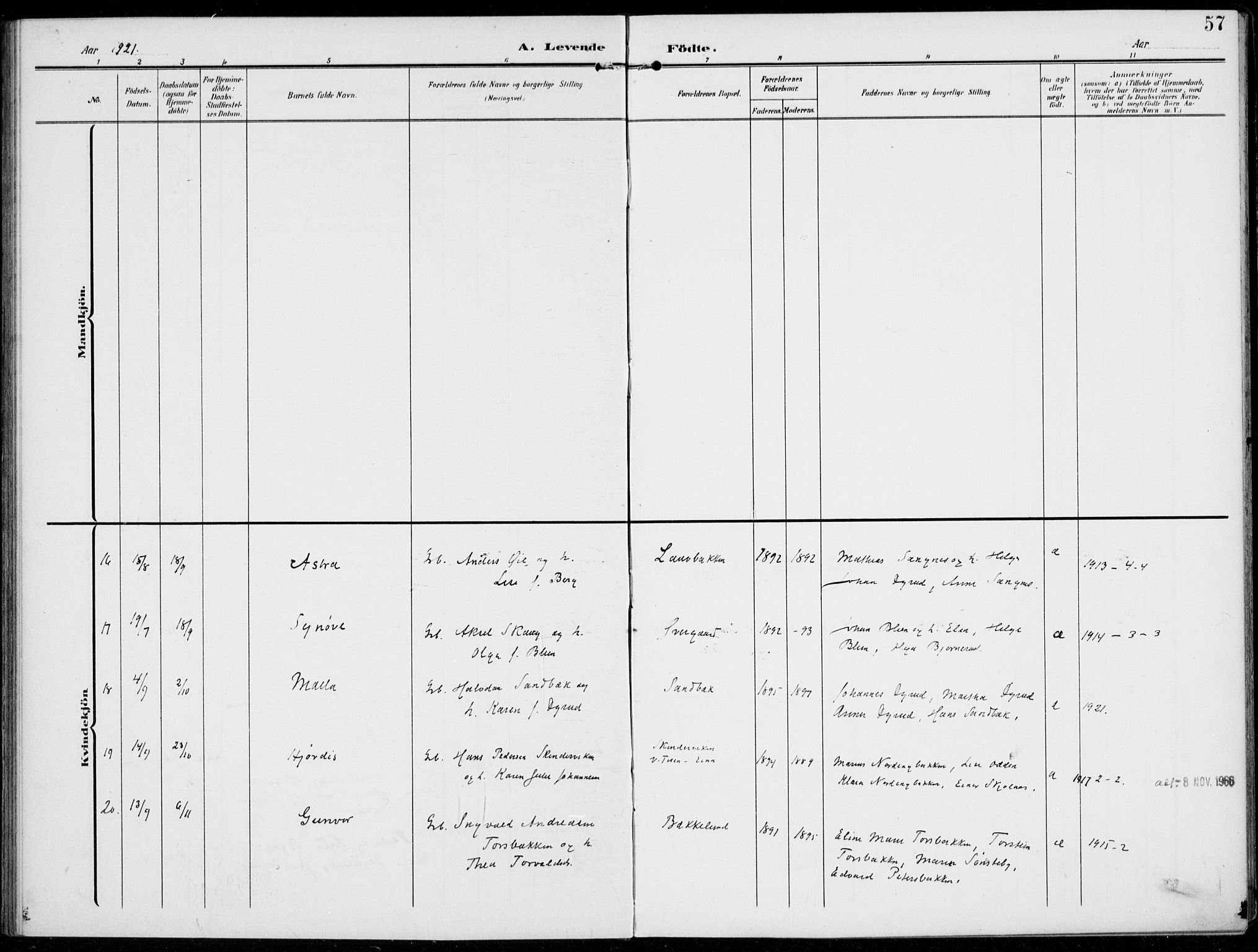 Kolbu prestekontor, AV/SAH-PREST-110/H/Ha/Haa/L0001: Parish register (official) no. 1, 1907-1923, p. 57