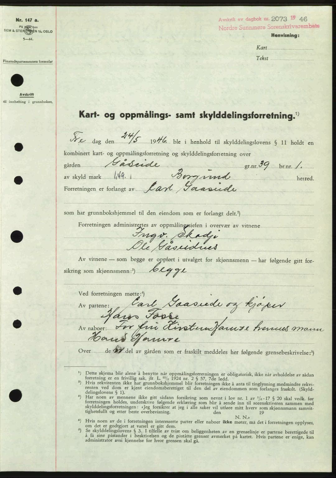 Nordre Sunnmøre sorenskriveri, AV/SAT-A-0006/1/2/2C/2Ca: Mortgage book no. A23, 1946-1947, Diary no: : 2073/1946