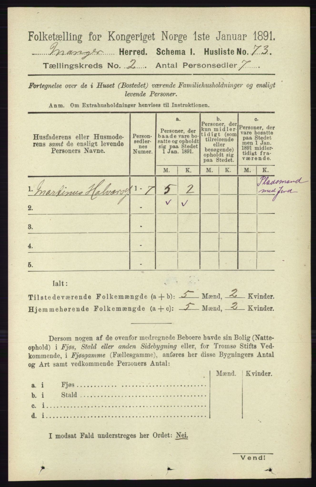 RA, 1891 census for 1261 Manger, 1891, p. 750