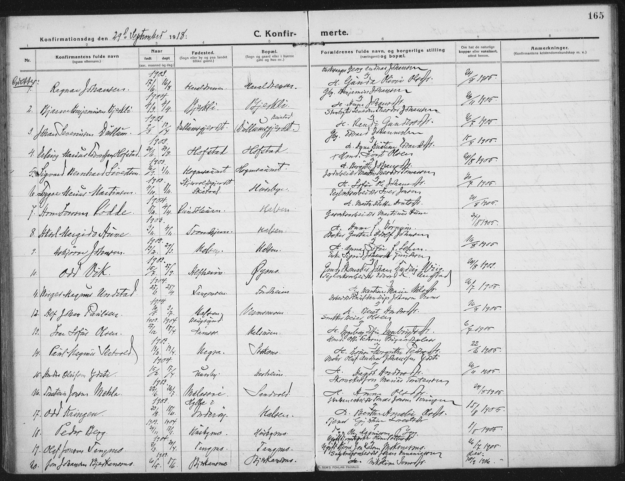 Ministerialprotokoller, klokkerbøker og fødselsregistre - Nord-Trøndelag, AV/SAT-A-1458/709/L0083: Parish register (official) no. 709A23, 1916-1928, p. 165