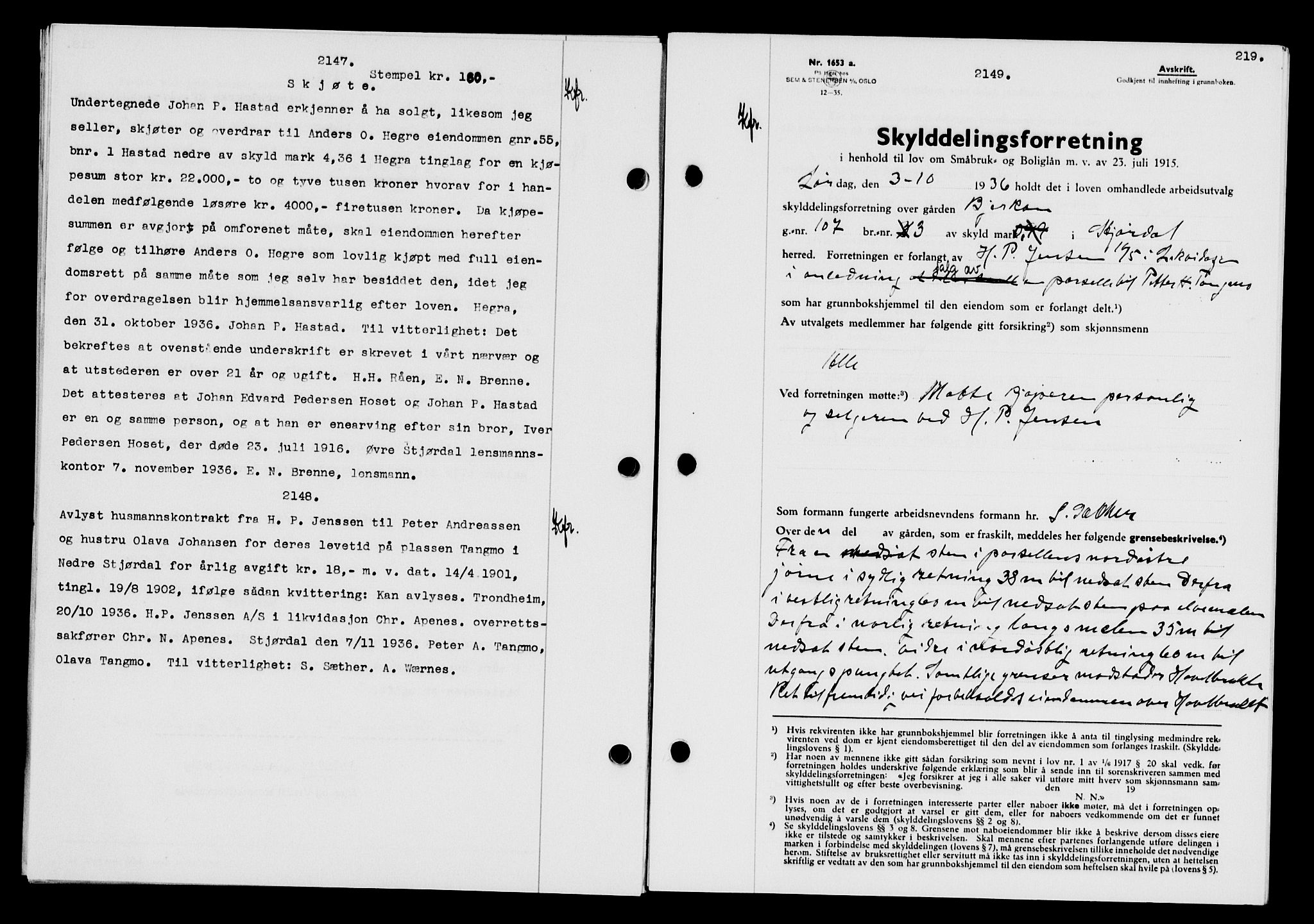Stjør- og Verdal sorenskriveri, SAT/A-4167/1/2/2C/L0078: Mortgage book no. 46, 1936-1937, Diary no: : 2149/1936