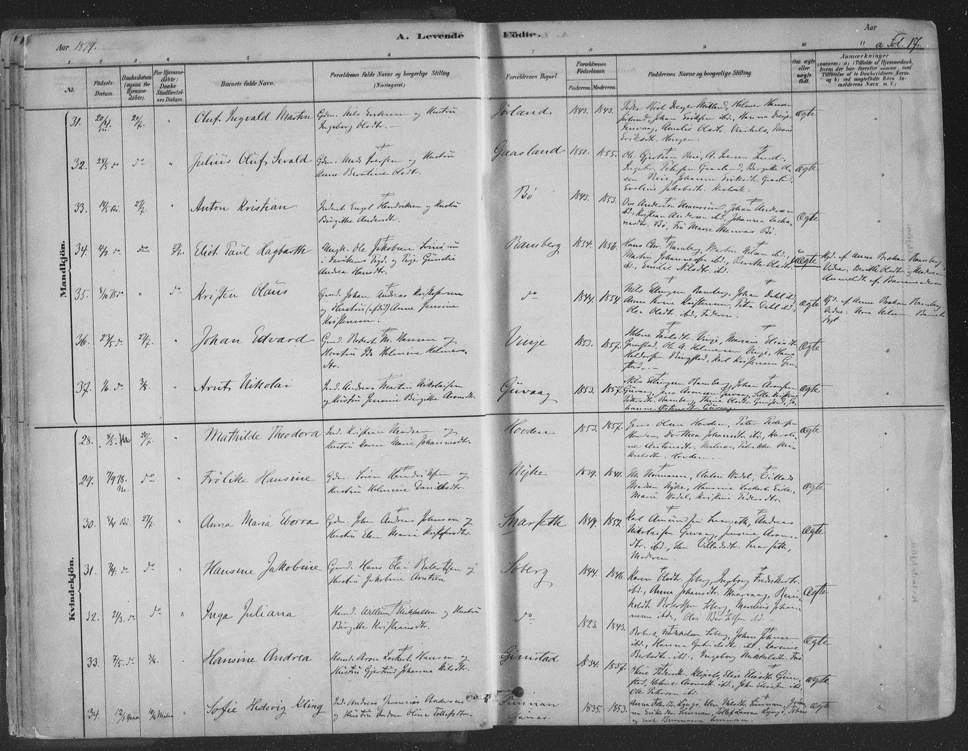 Ministerialprotokoller, klokkerbøker og fødselsregistre - Nordland, AV/SAT-A-1459/891/L1302: Parish register (official) no. 891A07, 1878-1895, p. 17