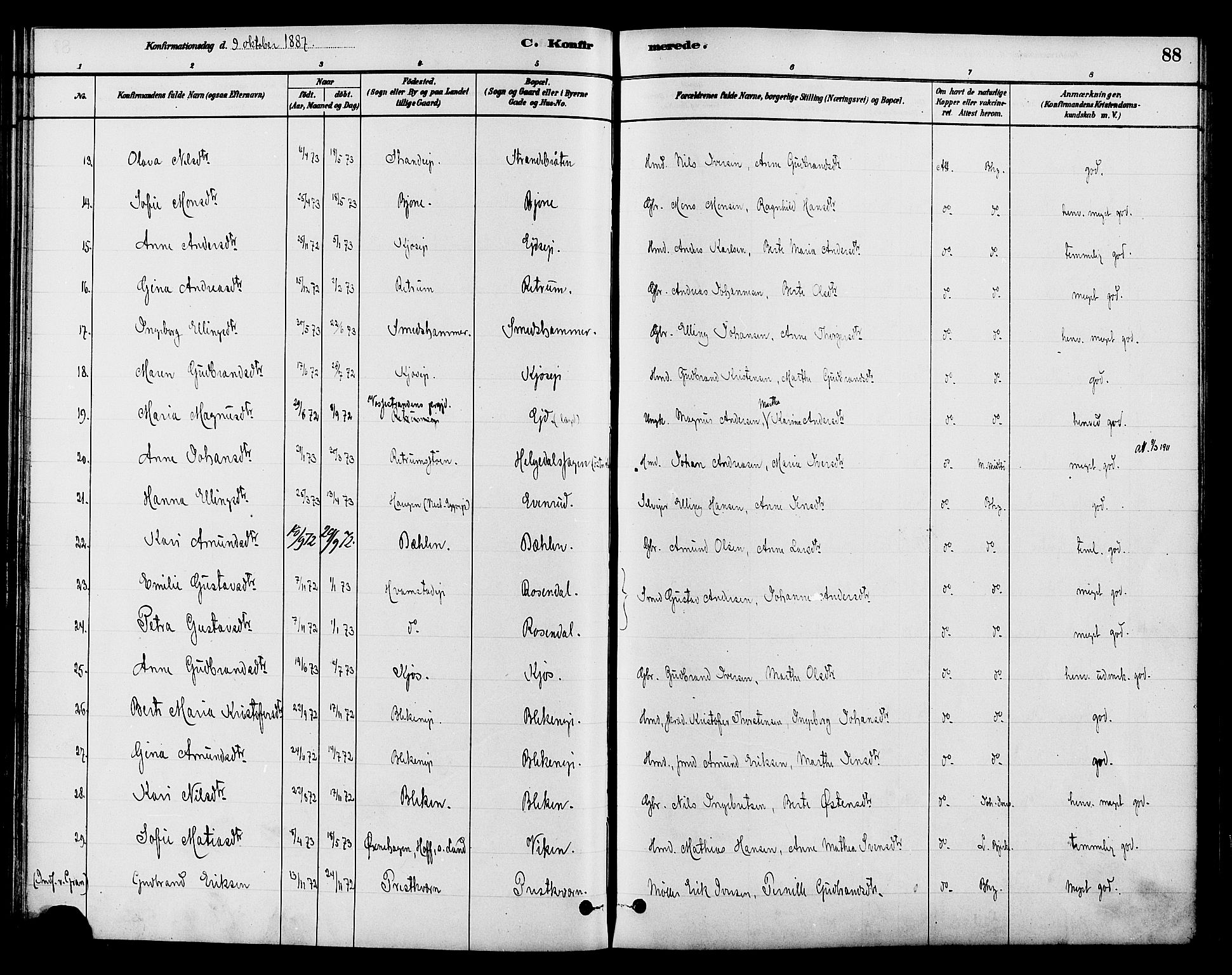 Gran prestekontor, SAH/PREST-112/H/Ha/Haa/L0015: Parish register (official) no. 15, 1880-1888, p. 88