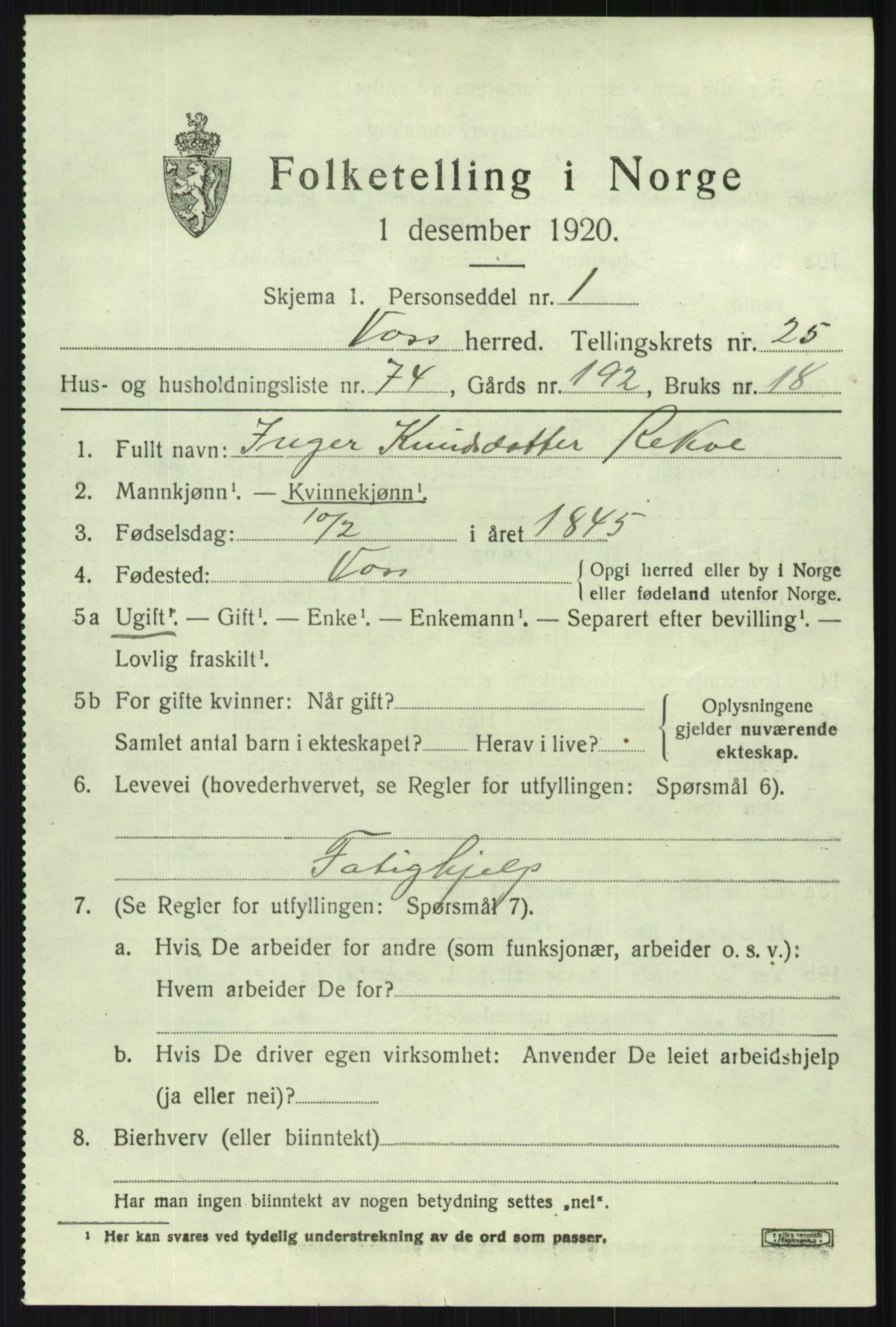 SAB, 1920 census for Voss, 1920, p. 17927