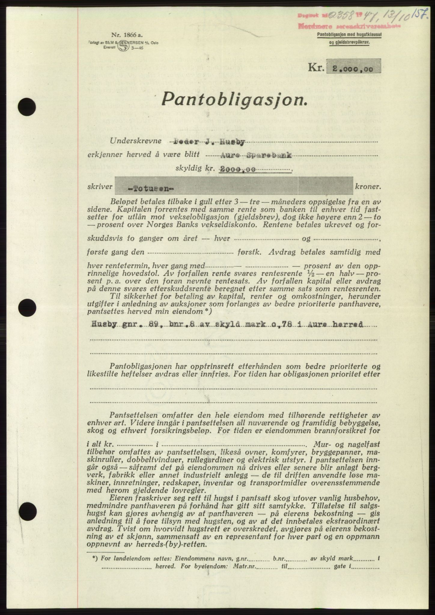 Nordmøre sorenskriveri, AV/SAT-A-4132/1/2/2Ca: Mortgage book no. B97, 1947-1948, Diary no: : 2358/1947