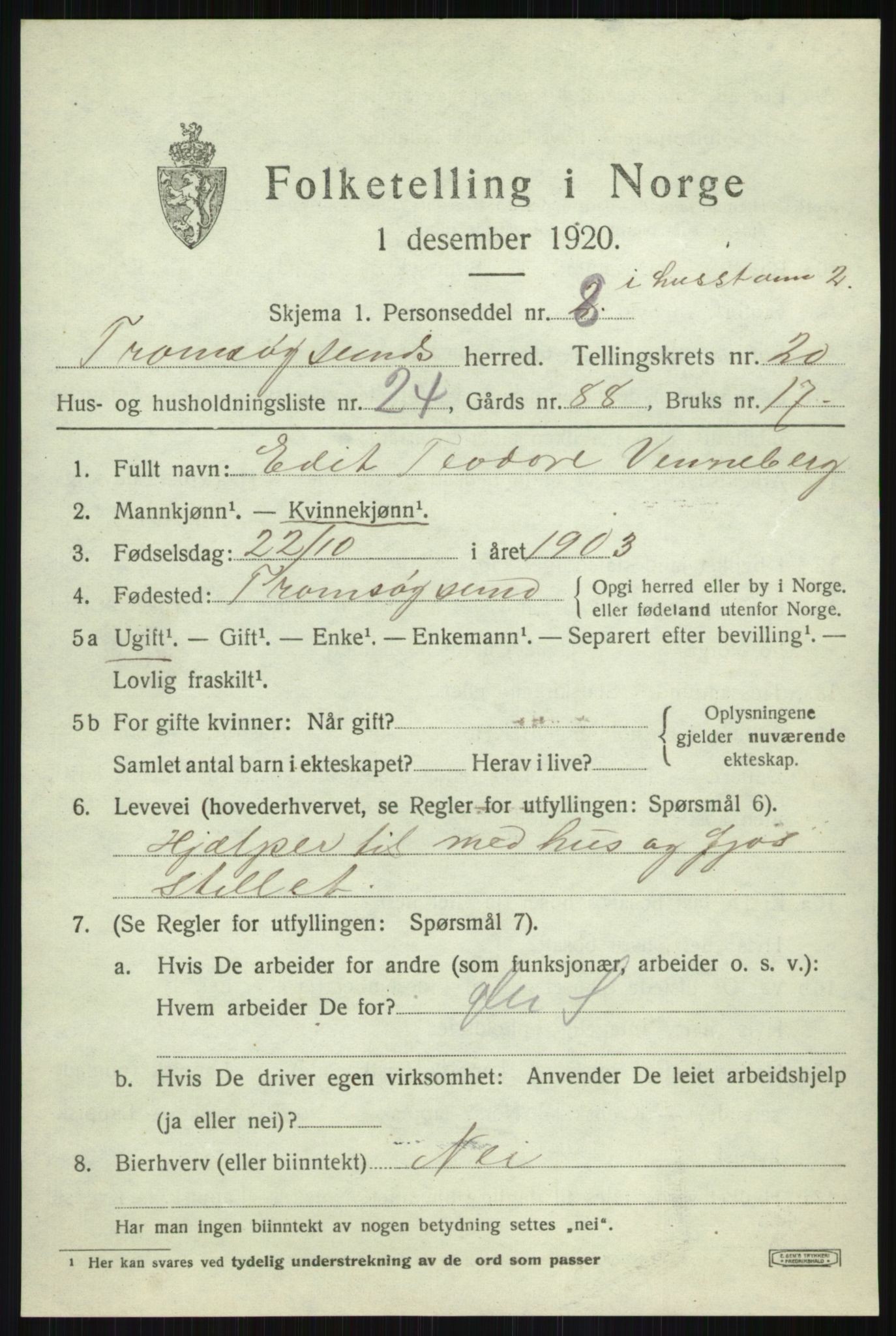 SATØ, 1920 census for Tromsøysund, 1920, p. 10916