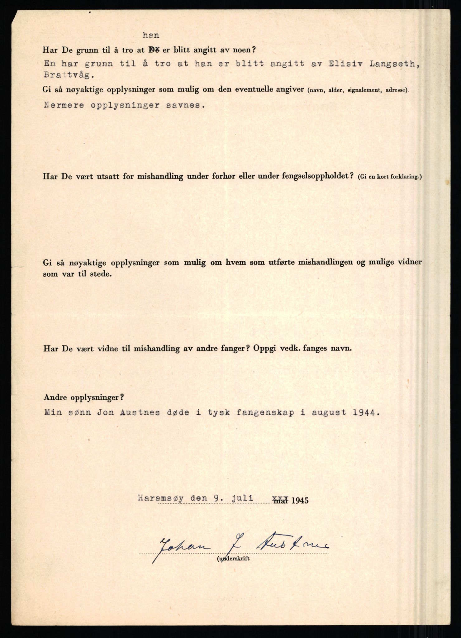 Rikspolitisjefen, AV/RA-S-1560/L/L0001: Abelseth, Rudolf - Berentsen, Odd, 1940-1945, p. 1048