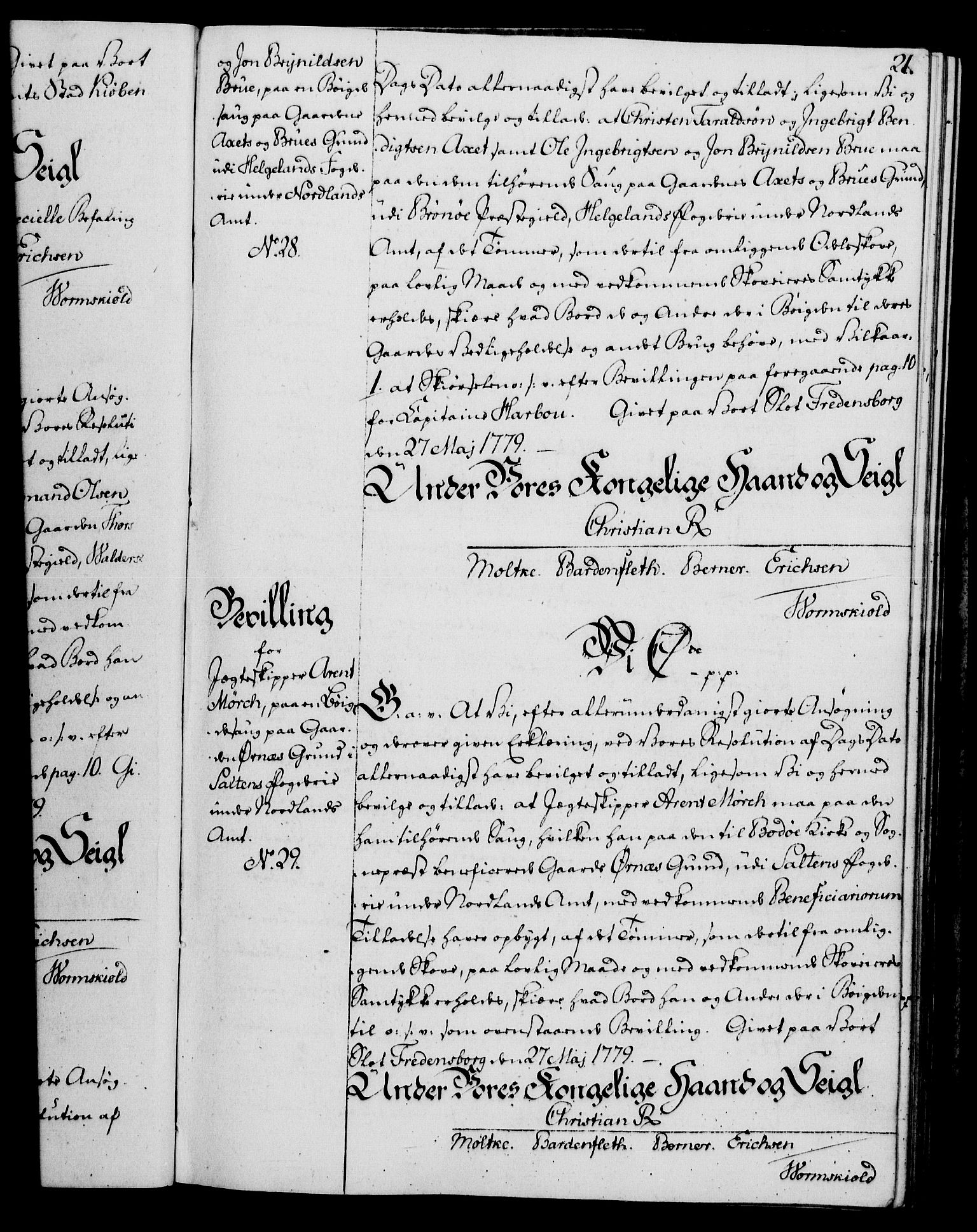 Rentekammeret, Kammerkanselliet, AV/RA-EA-3111/G/Gg/Gga/L0011: Norsk ekspedisjonsprotokoll med register (merket RK 53.11), 1779-1781, p. 21