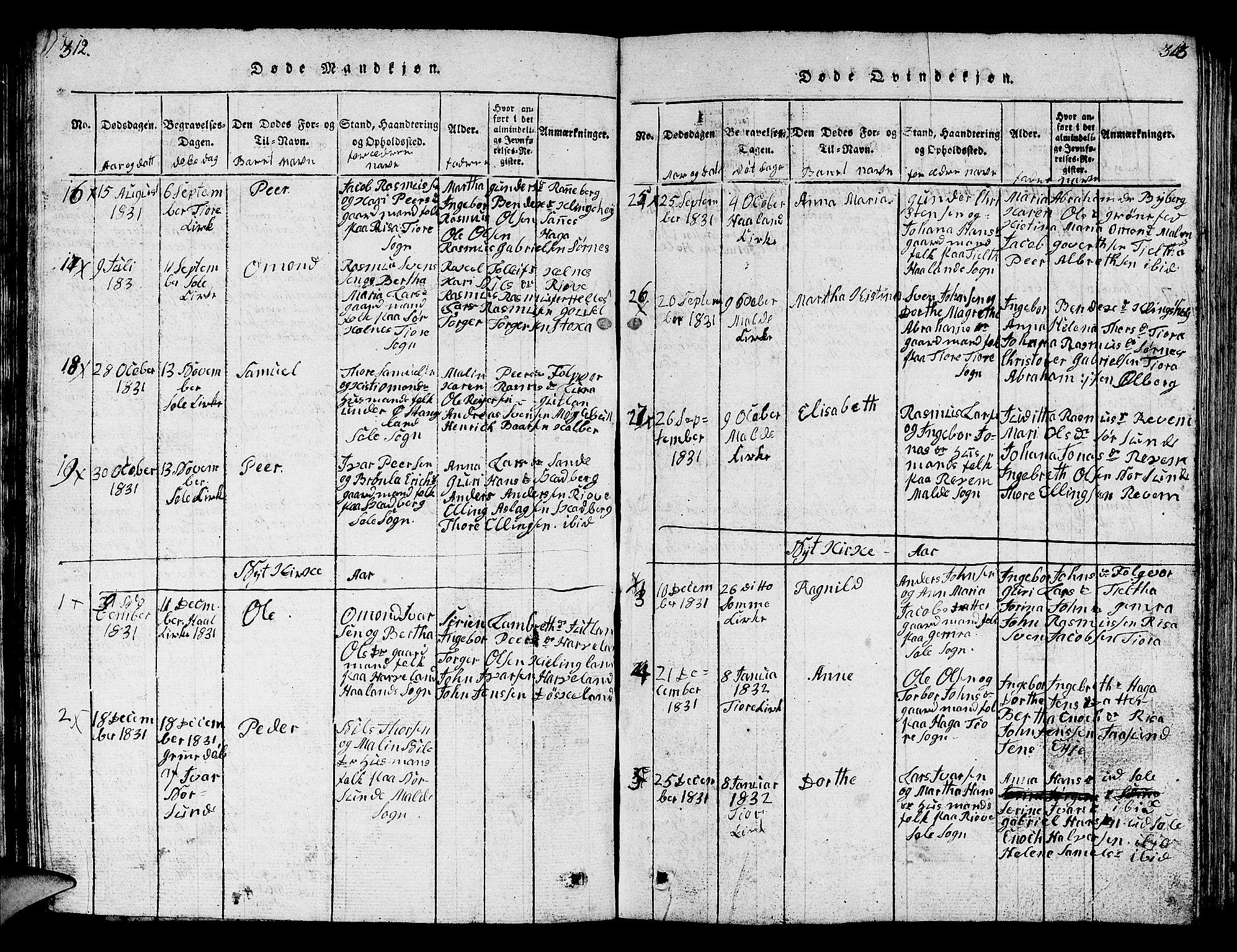 Håland sokneprestkontor, SAST/A-101802/001/30BB/L0001: Parish register (copy) no. B 1, 1815-1845, p. 312-313