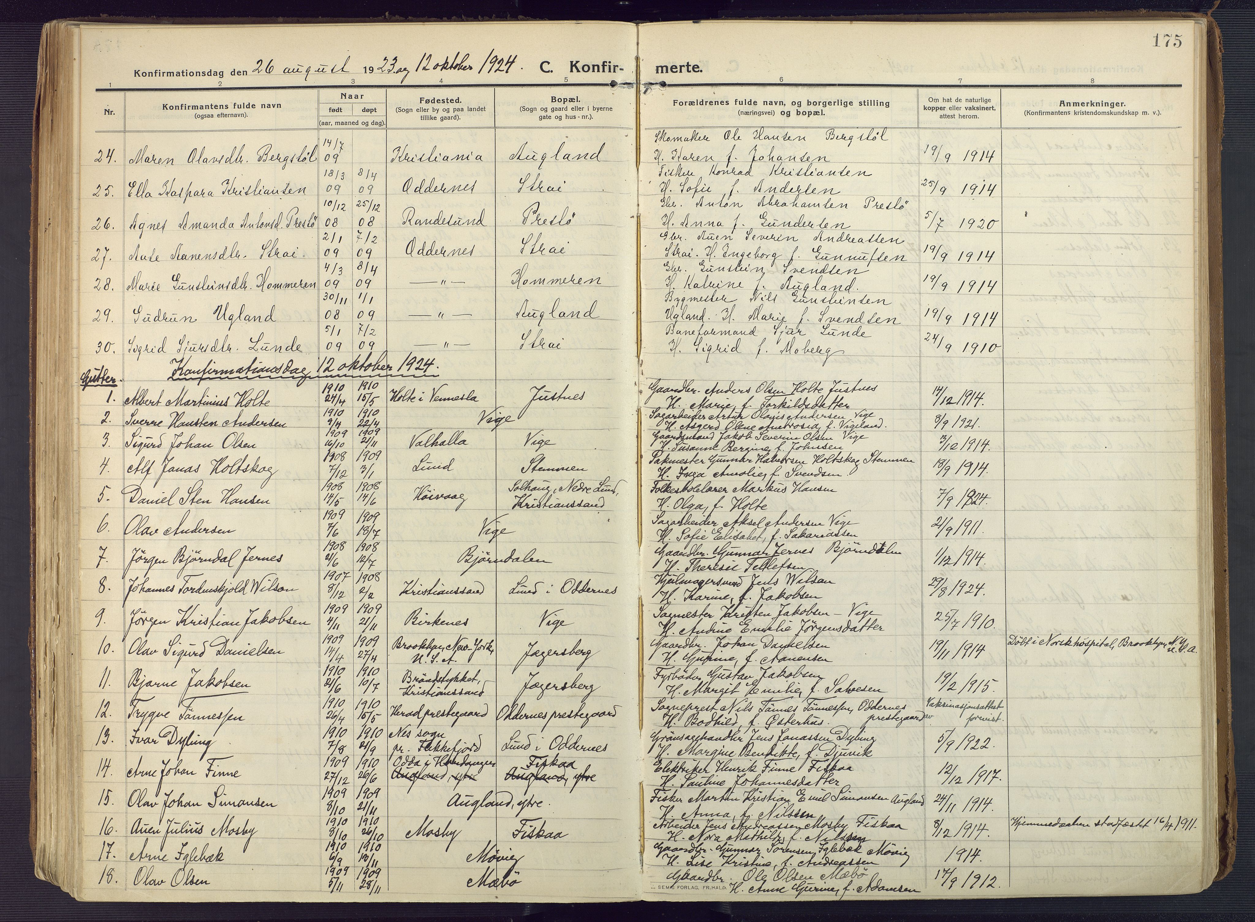 Oddernes sokneprestkontor, AV/SAK-1111-0033/F/Fa/Faa/L0012: Parish register (official) no. A 12, 1912-1925, p. 175