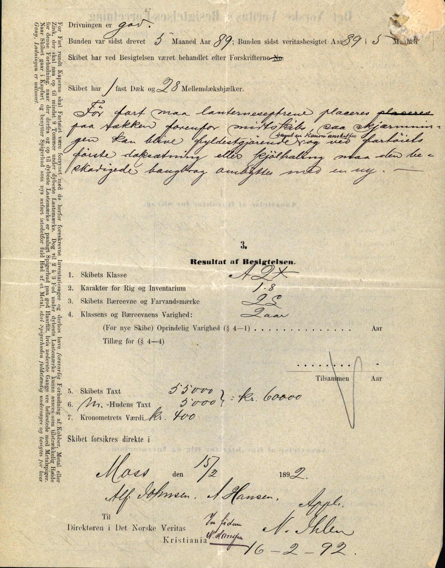 Pa 63 - Østlandske skibsassuranceforening, VEMU/A-1079/G/Ga/L0029/0007: Havaridokumenter / Diamant, Foldin, Aise, Florida, Flora, 1892, p. 87