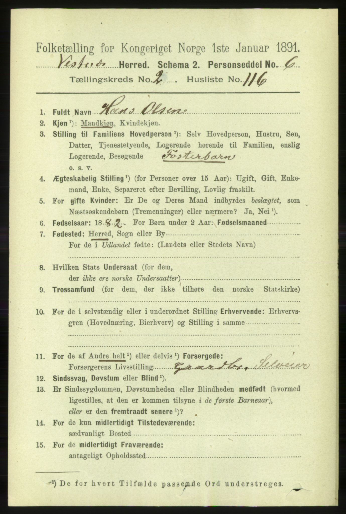 RA, 1891 census for 1535 Vestnes, 1891, p. 803