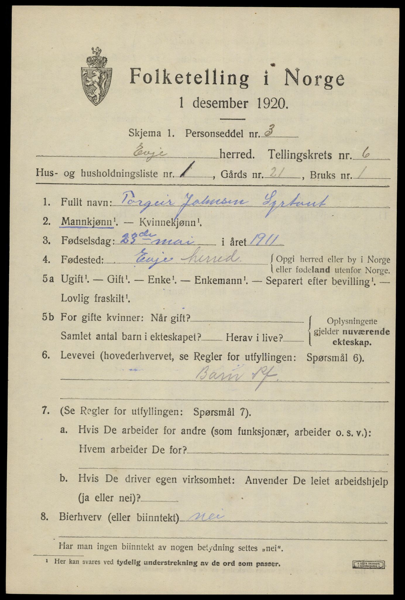 SAK, 1920 census for Evje, 1920, p. 2096