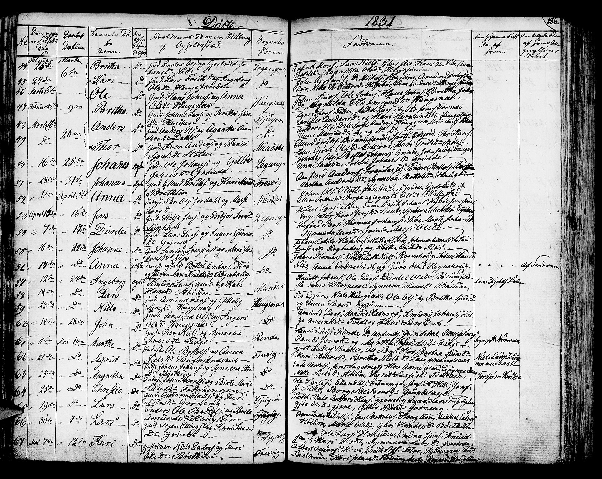 Leikanger sokneprestembete, AV/SAB-A-81001/H/Haa/Haaa/L0006: Parish register (official) no. A 6, 1810-1838, p. 186