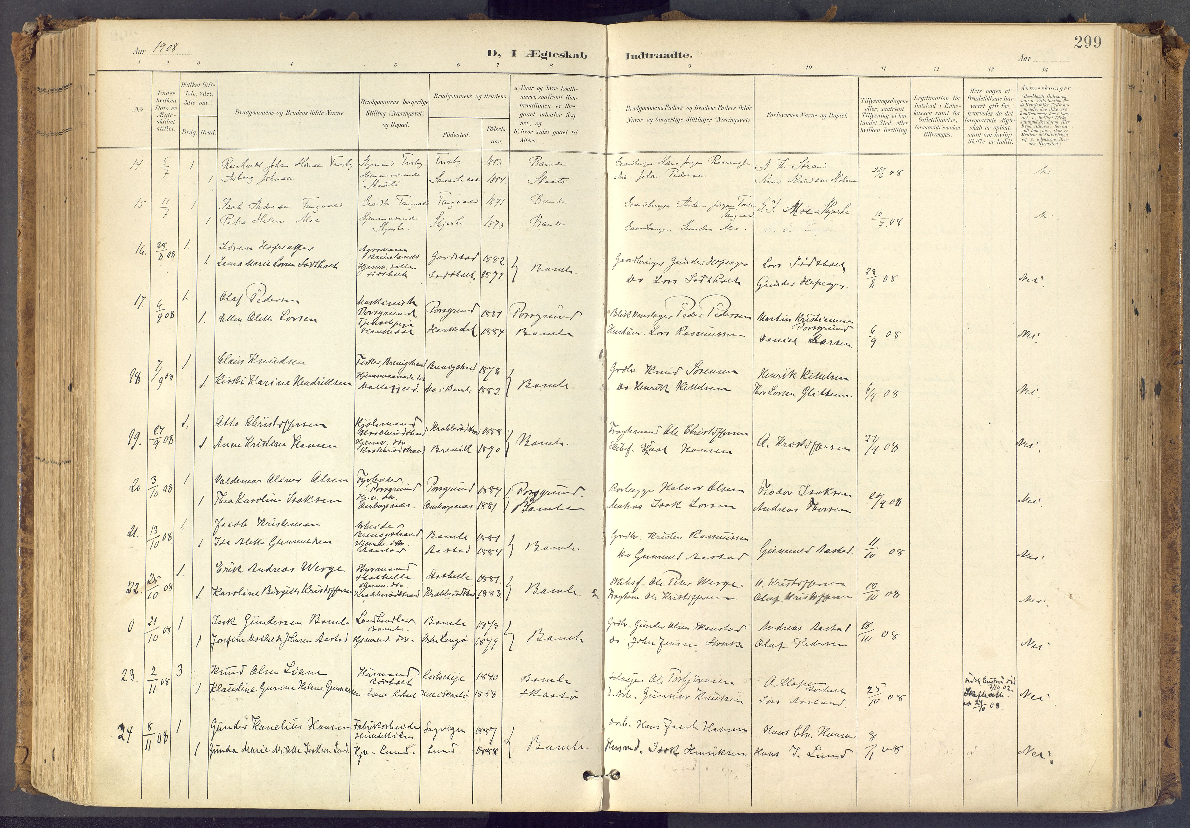 Bamble kirkebøker, SAKO/A-253/F/Fa/L0009: Parish register (official) no. I 9, 1901-1917, p. 299