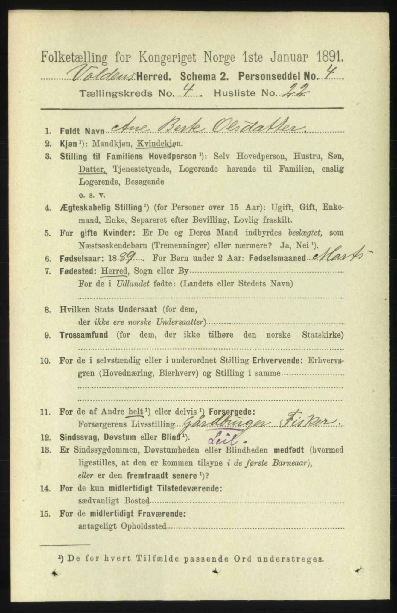 RA, 1891 census for 1519 Volda, 1891, p. 2106