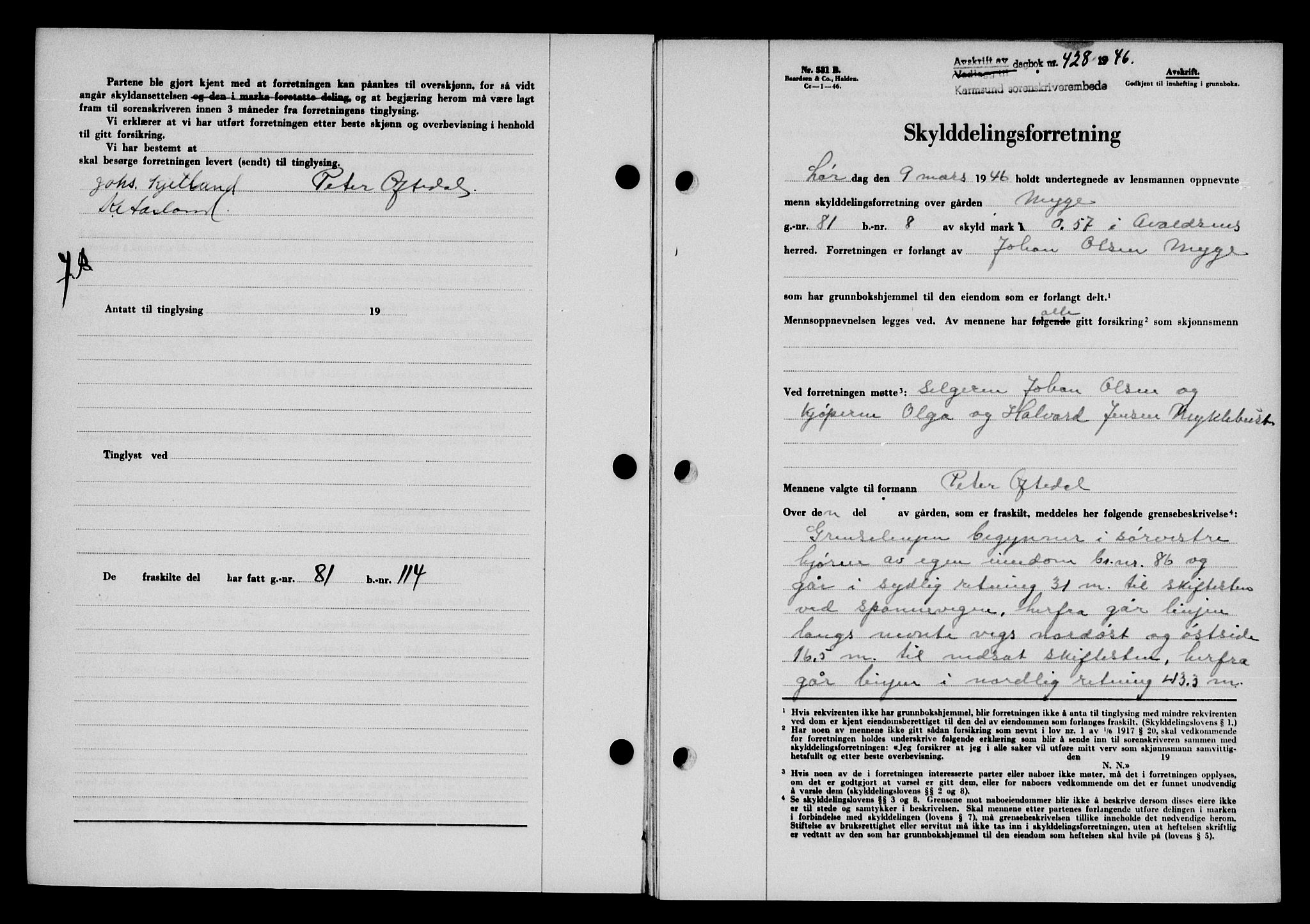 Karmsund sorenskriveri, AV/SAST-A-100311/01/II/IIB/L0085: Mortgage book no. 66A, 1946-1946, Diary no: : 428/1946