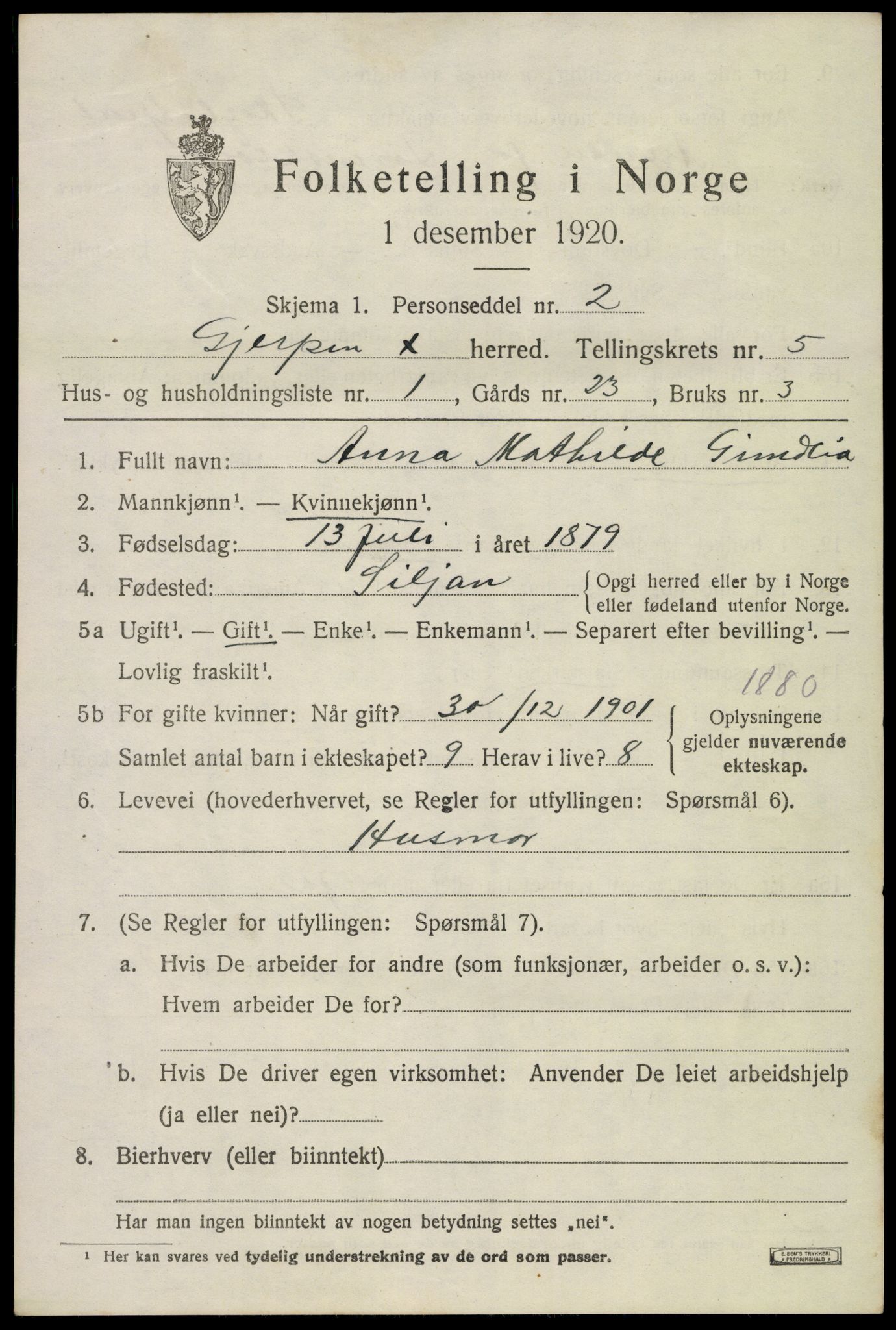 SAKO, 1920 census for Gjerpen, 1920, p. 6380