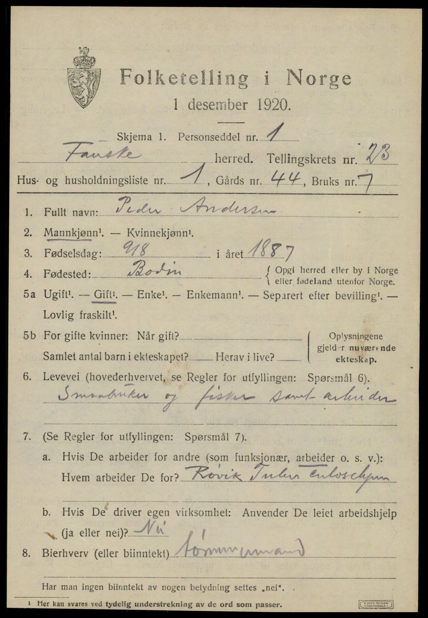 SAT, 1920 census for Fauske, 1920, p. 14170