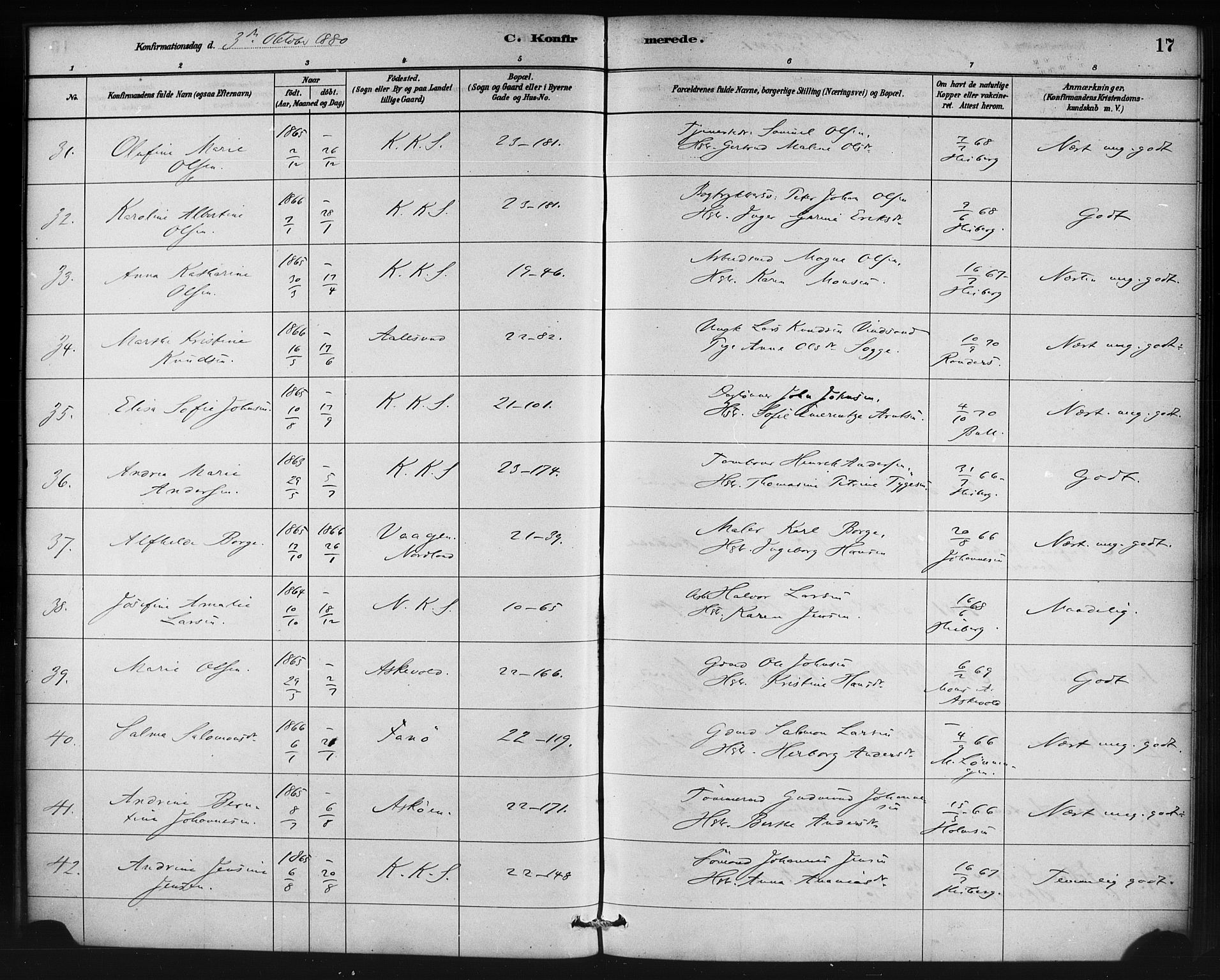 Korskirken sokneprestembete, AV/SAB-A-76101/H/Haa/L0029: Parish register (official) no. C 5, 1880-1892, p. 17