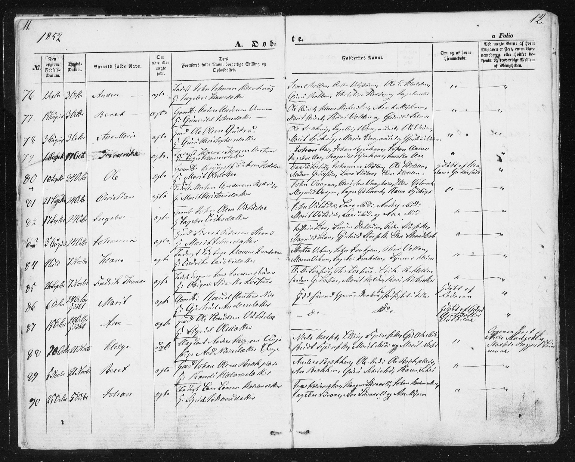 Ministerialprotokoller, klokkerbøker og fødselsregistre - Sør-Trøndelag, SAT/A-1456/630/L0494: Parish register (official) no. 630A07, 1852-1868, p. 11-12