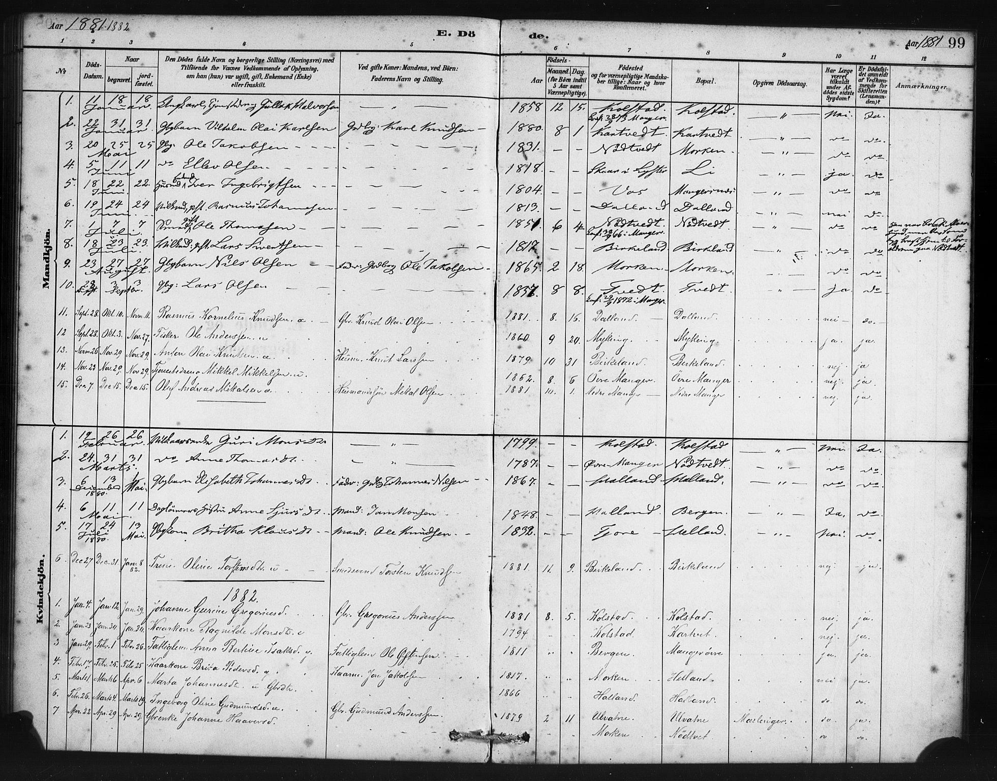 Manger sokneprestembete, SAB/A-76801/H/Haa: Parish register (official) no. B 1, 1881-1892, p. 99