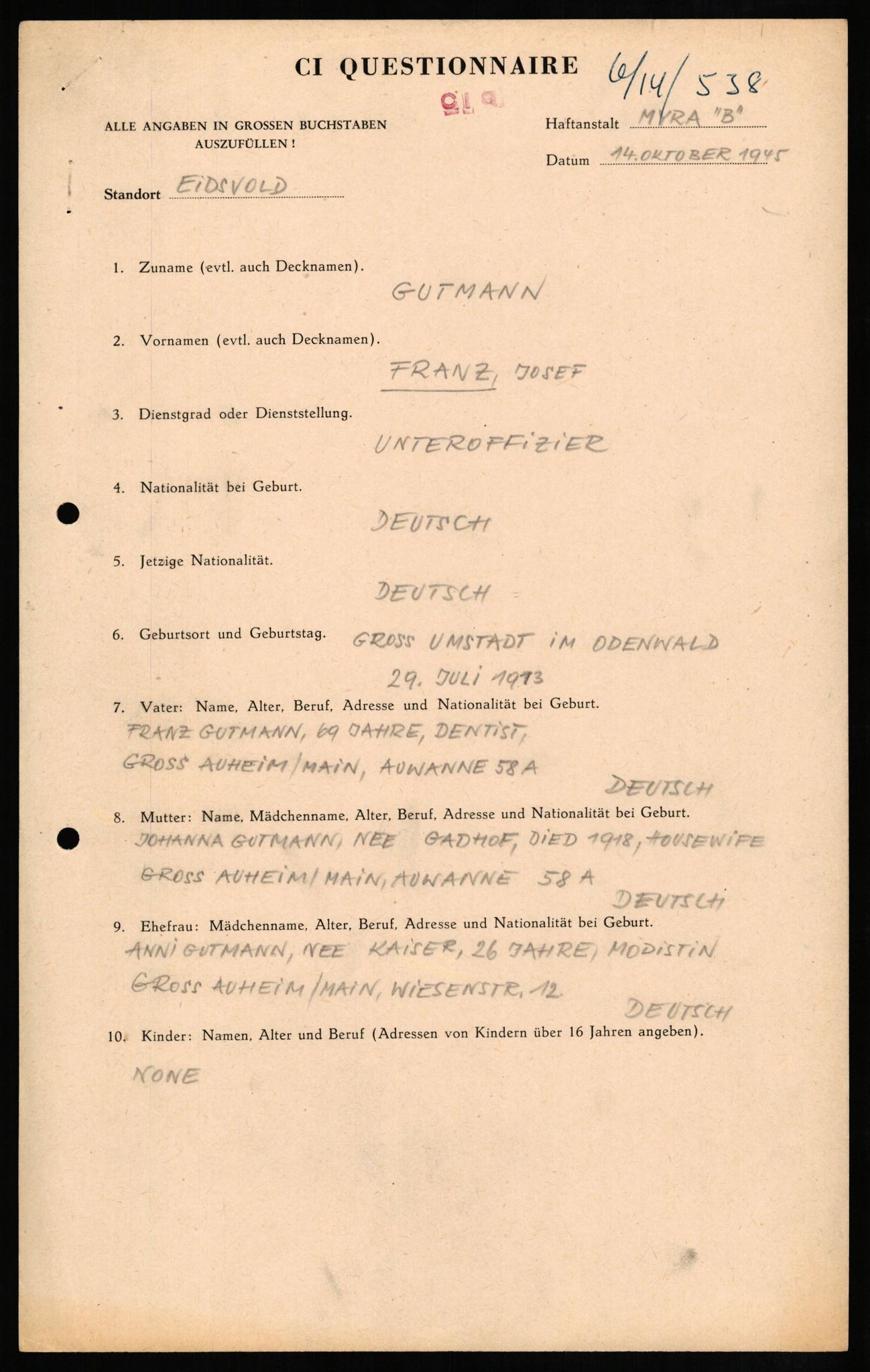 Forsvaret, Forsvarets overkommando II, AV/RA-RAFA-3915/D/Db/L0010: CI Questionaires. Tyske okkupasjonsstyrker i Norge. Tyskere., 1945-1946, p. 656