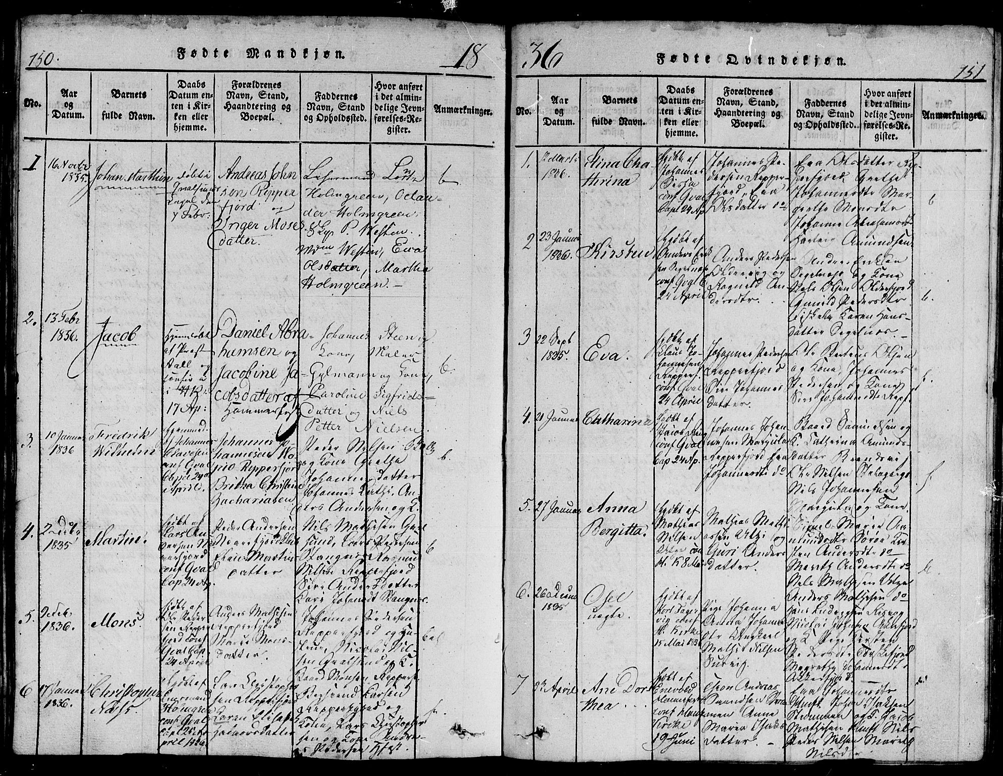 Hammerfest sokneprestkontor, AV/SATØ-S-1347/H/Hb/L0001.klokk: Parish register (copy) no. 1, 1822-1850, p. 150-151