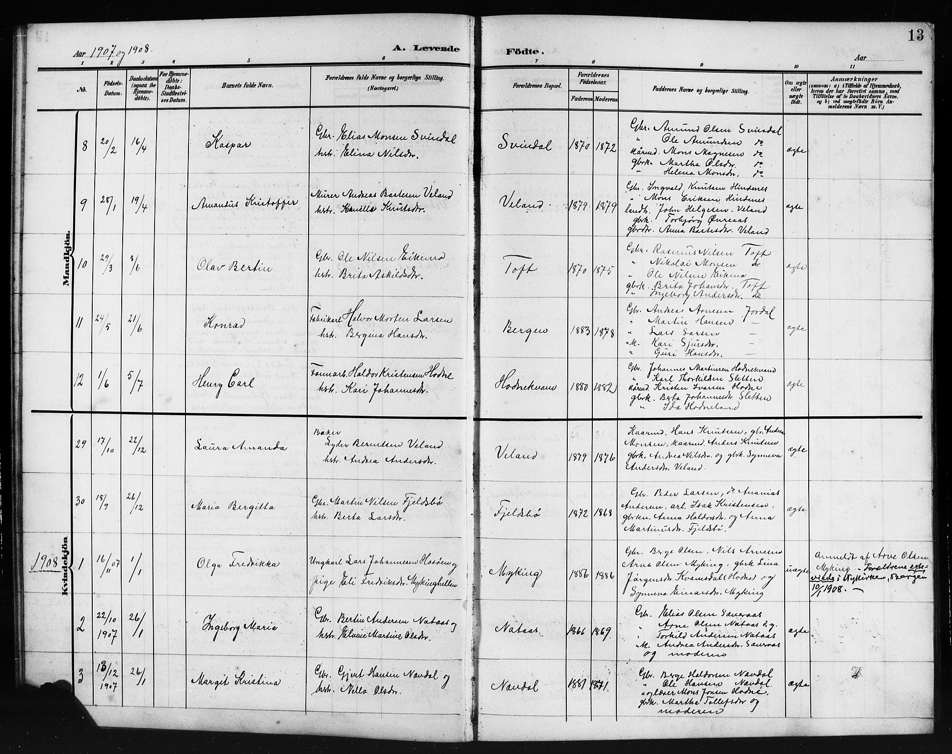 Lindås Sokneprestembete, SAB/A-76701/H/Hab: Parish register (copy) no. E 4, 1906-1921, p. 13