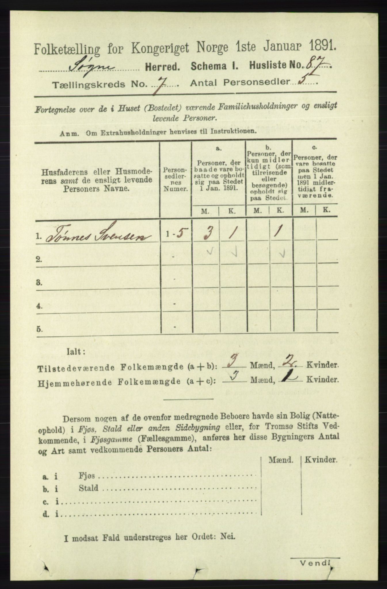 RA, 1891 census for 1018 Søgne, 1891, p. 1510