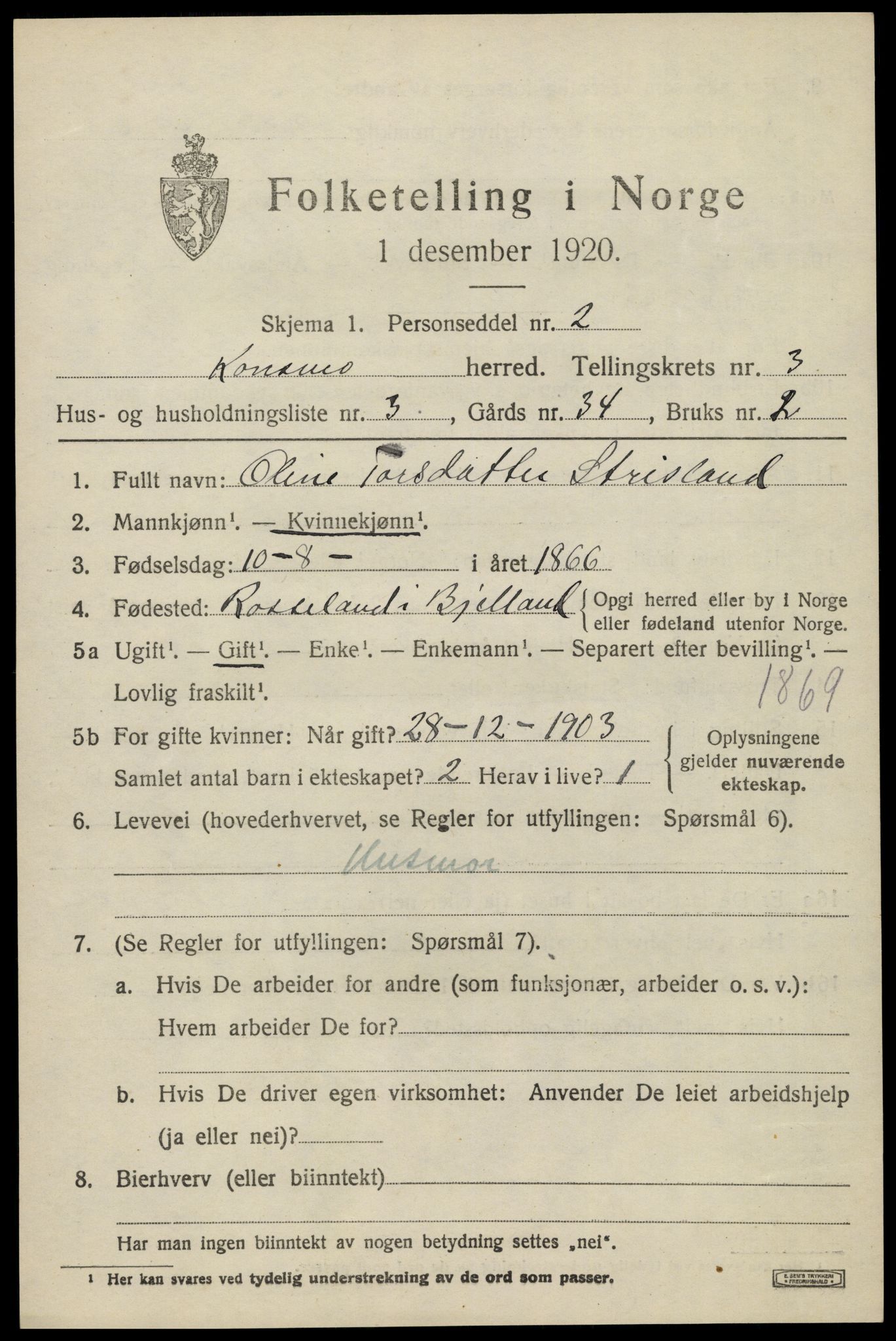 SAK, 1920 census for Konsmo, 1920, p. 1146
