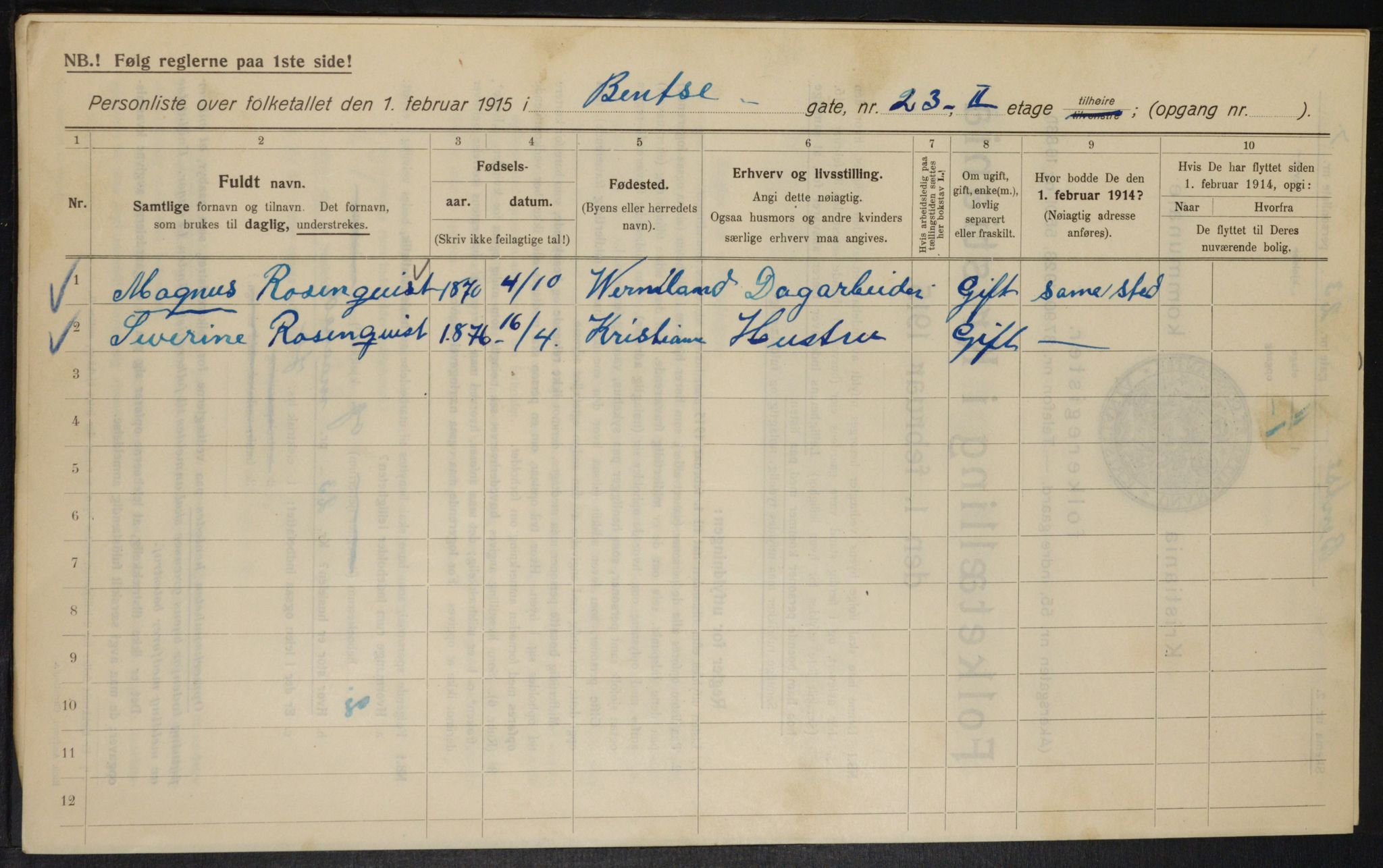 OBA, Municipal Census 1915 for Kristiania, 1915, p. 3734