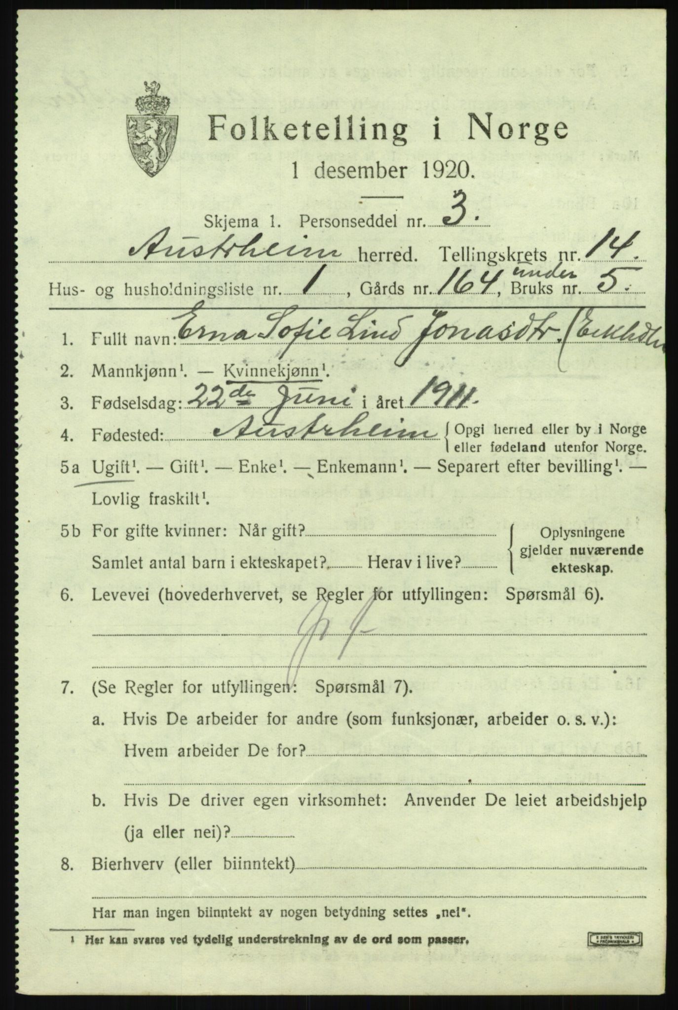 SAB, 1920 census for Austrheim, 1920, p. 4728