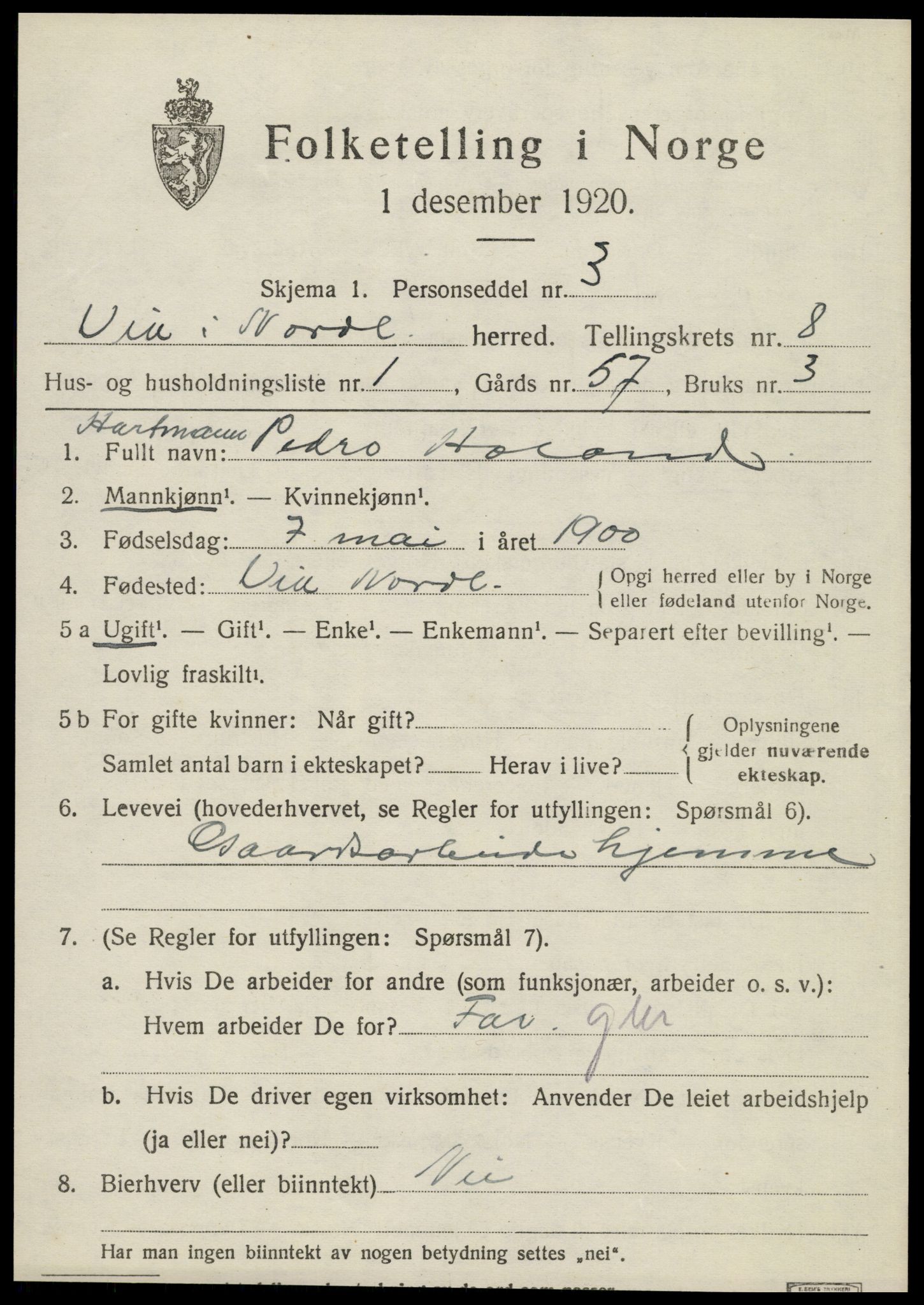 SAT, 1920 census for Vik, 1920, p. 5249